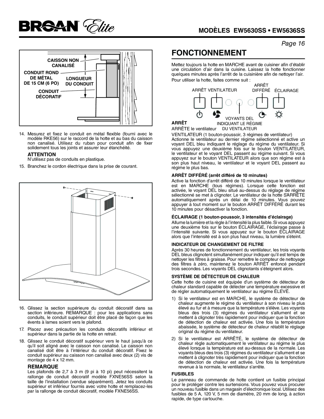 Broan EW5636SS, EW5630SS manual Fonctionnement 