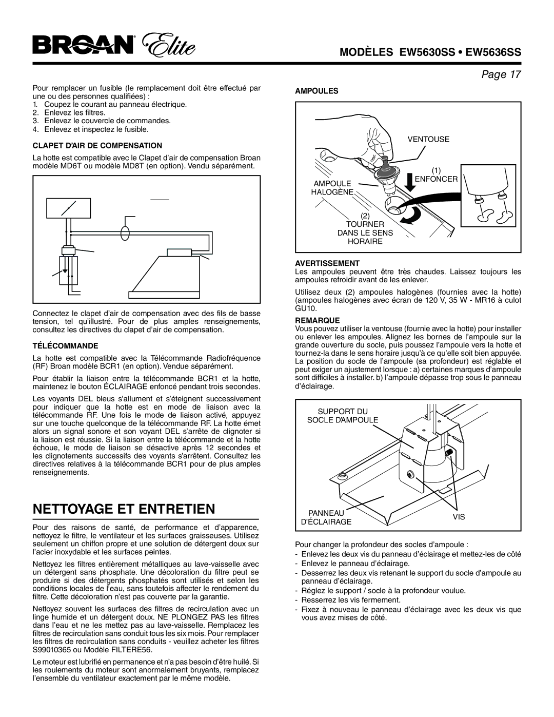 Broan EW5630SS, EW5636SS manual Nettoyage ET Entretien, Ampoules 