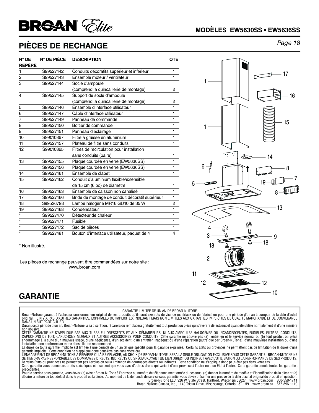 Broan EW5636SS, EW5630SS manual Pièces DE Rechange, Garantie, DE Pièce Description QTÉ Repère 