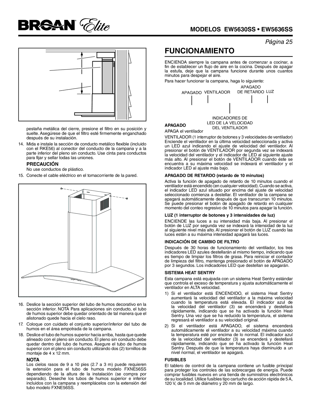 Broan EW5630SS, EW5636SS manual Funcionamiento 