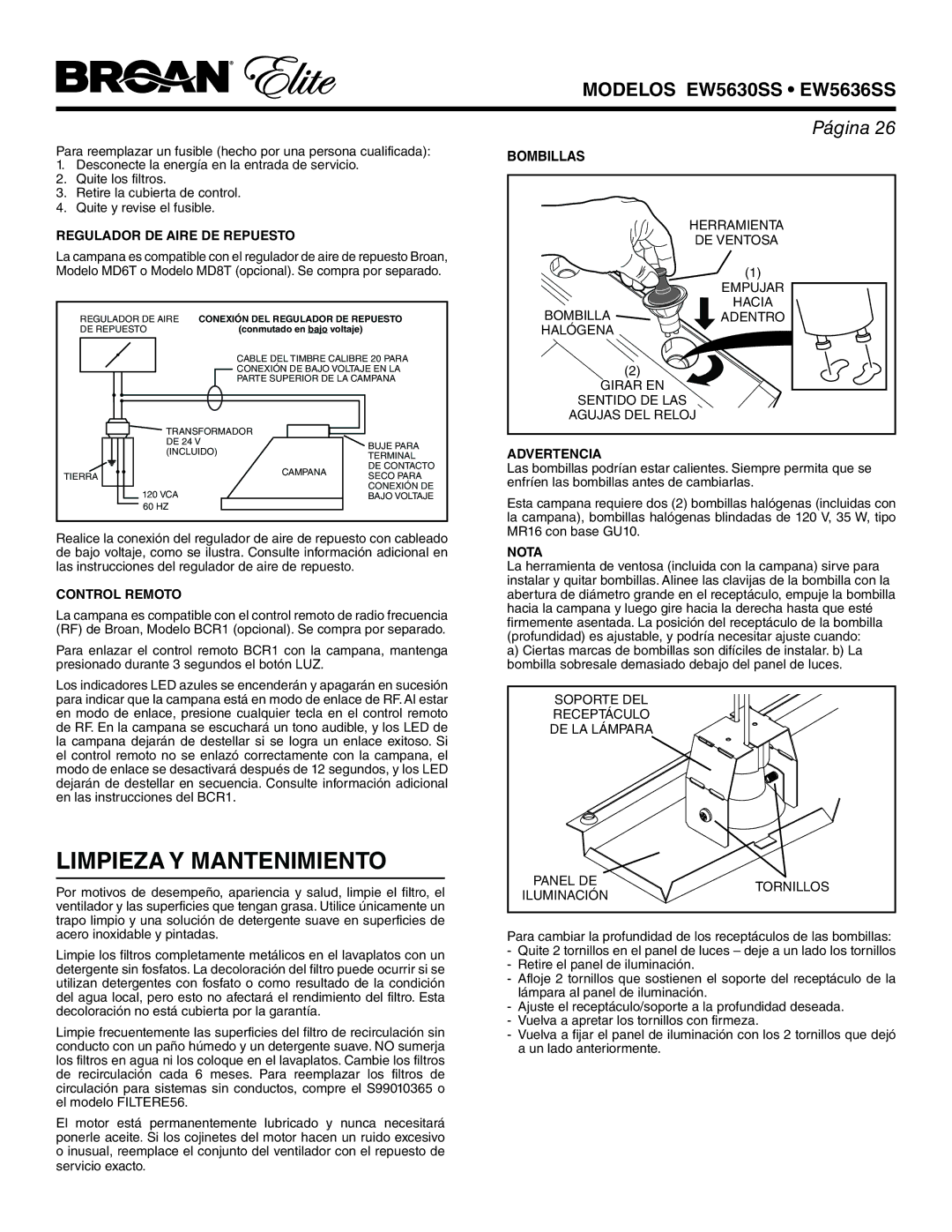 Broan EW5636SS, EW5630SS manual Limpieza Y Mantenimiento, Bombillas 