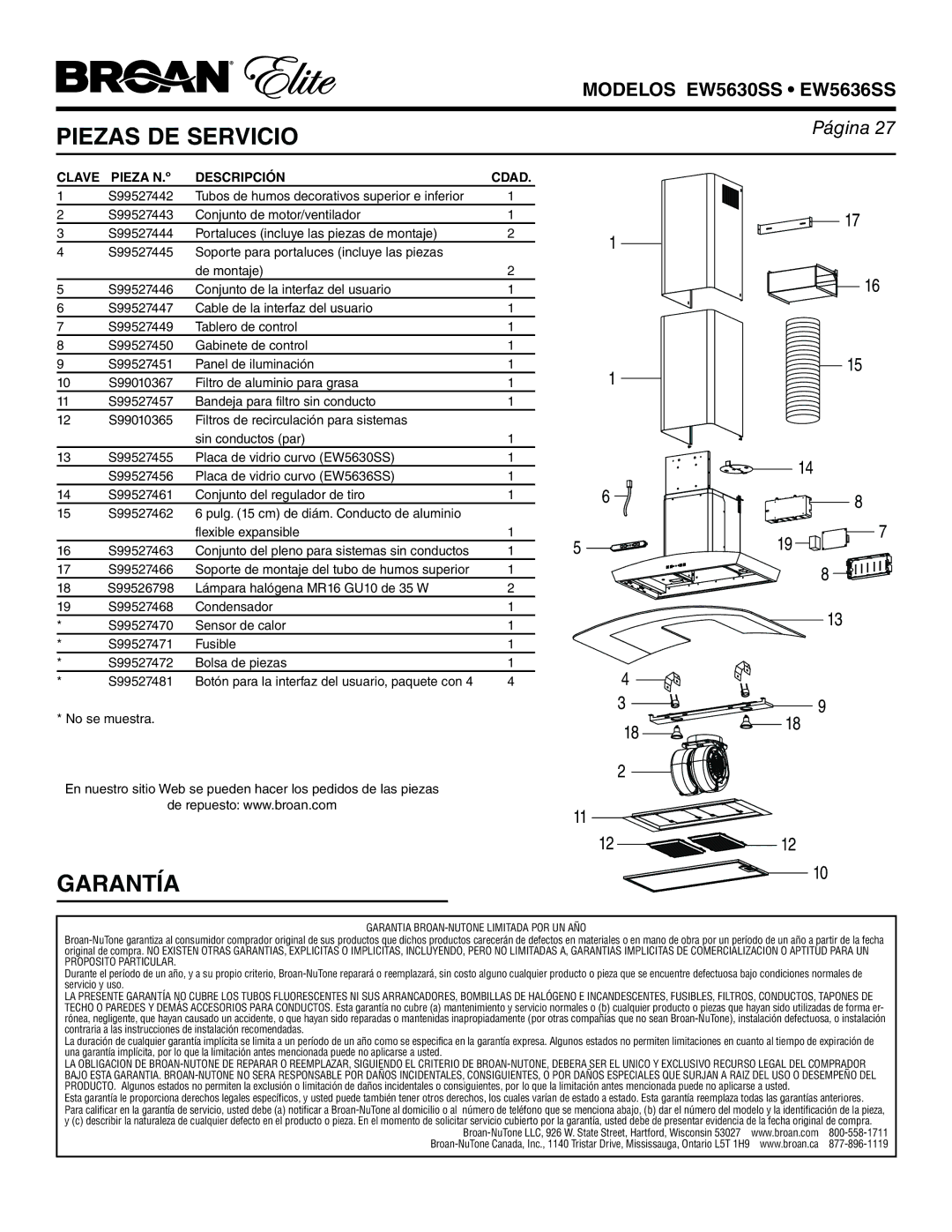 Broan EW5630SS, EW5636SS manual Garantía, Clave, Descripción Cdad 