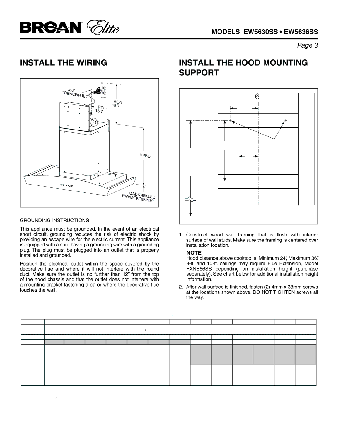 Broan EW5630SS, EW5636SS manual Install the Wiring Install the Hood Mounting Support, Here, See Chart Below High Cooktop 