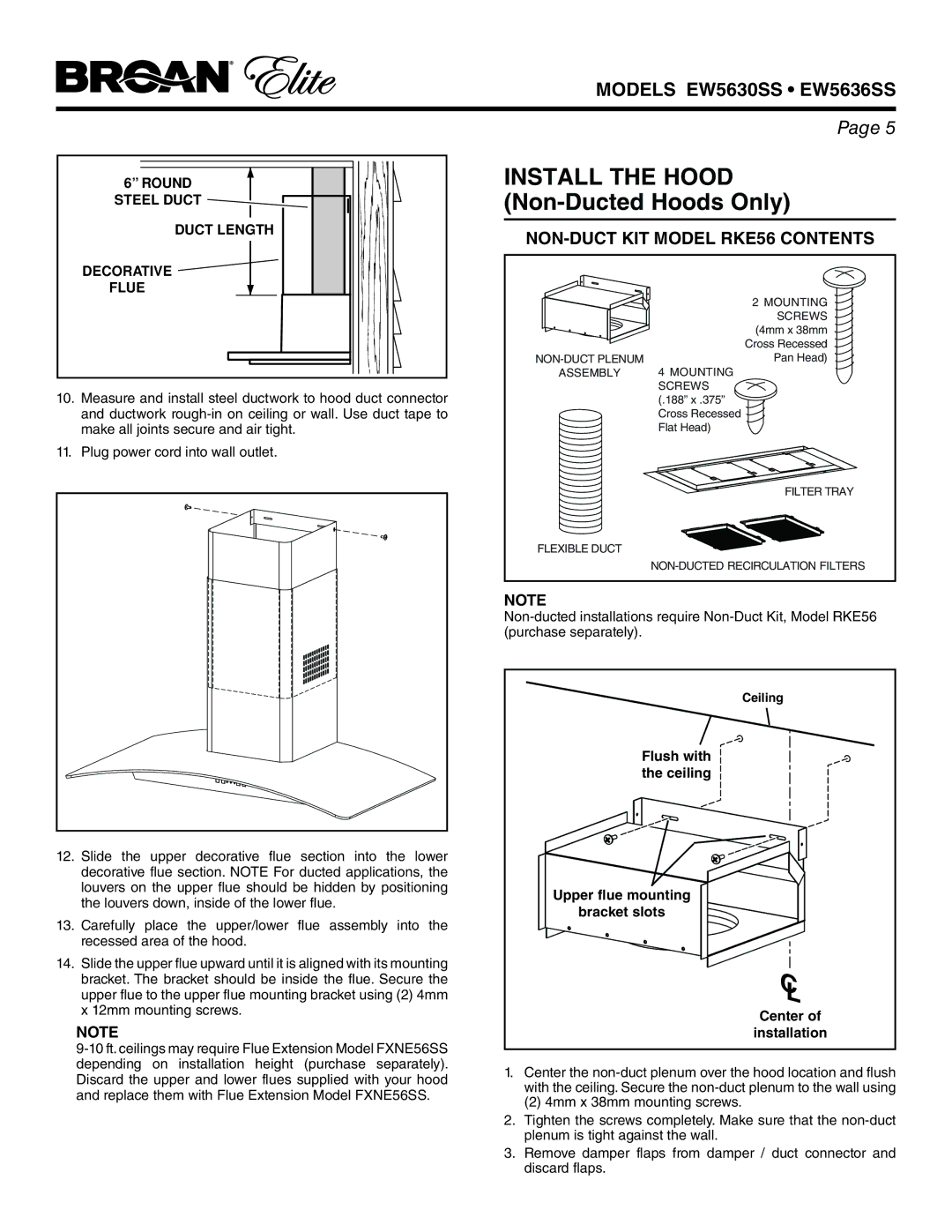 Broan EW5630SS, EW5636SS manual Install the Hood Non-Ducted Hoods Only, NON-DUCT KIT Model RKE56 Contents 