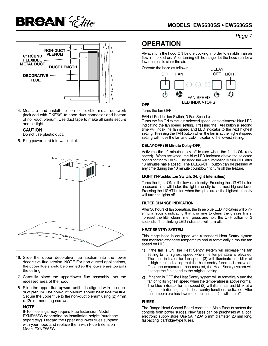 Broan EW5630SS, EW5636SS manual Operation, Off, Filter Change Indication, Heat Sentry System, Fuses 