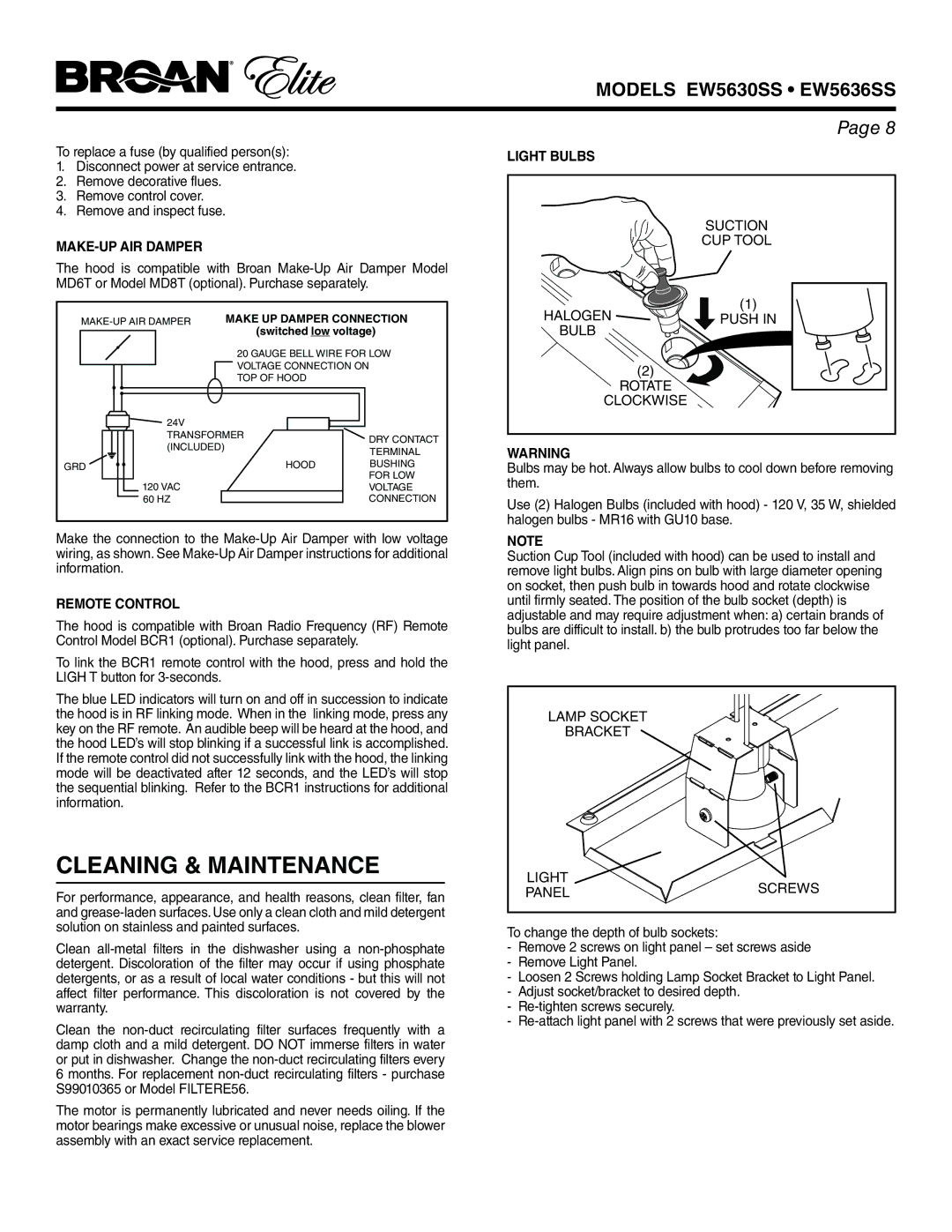 Broan EW5636SS, EW5630SS manual Cleaning & Maintenance, MAKE-UP AIR Damper, Remote Control, Light Bulbs, Rotate Lockwise 