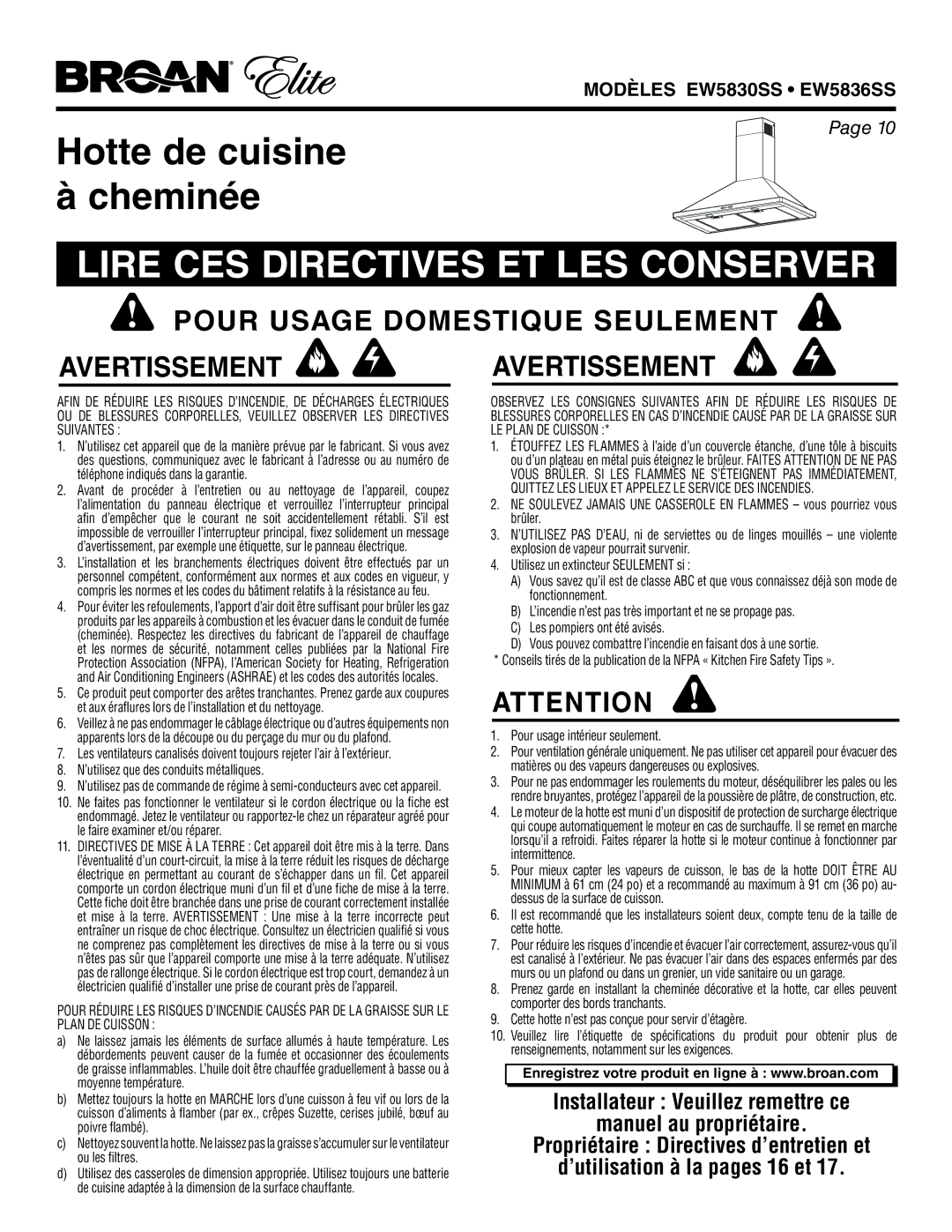 Broan EW5836SS, EW5830SS warranty Lire CES Directives ET LES Conserver 