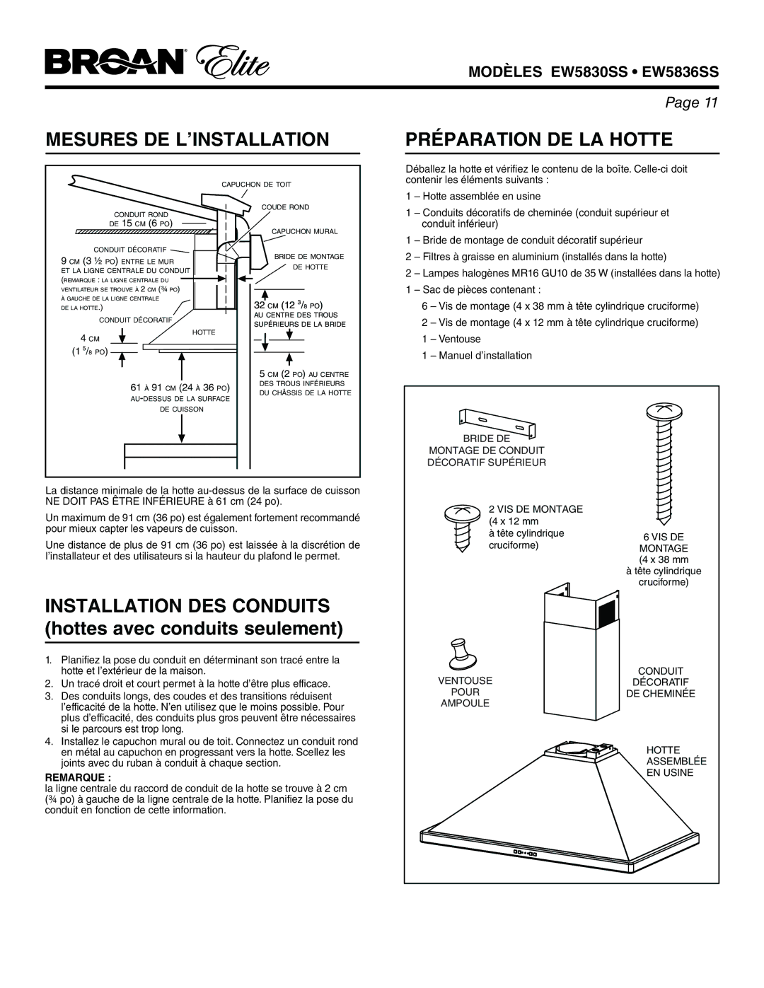 Broan EW5830SS, EW5836SS warranty Mesures DE L’INSTALLATION, Préparation DE LA Hotte, Remarque 