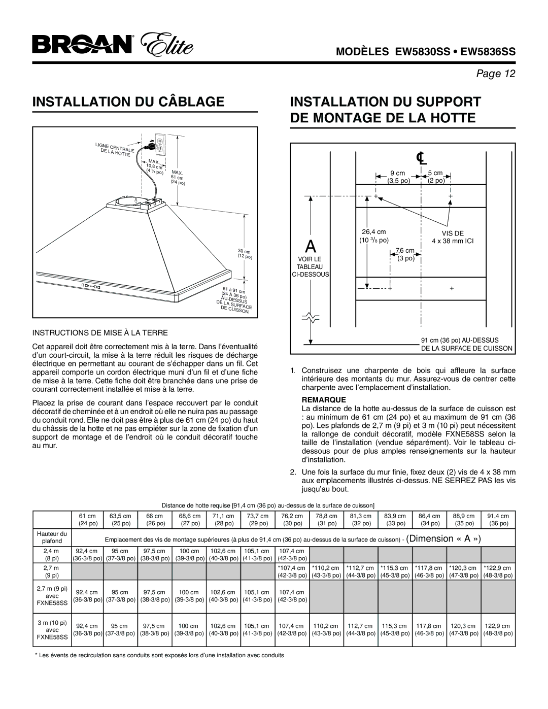 Broan EW5836SS, EW5830SS warranty Instructions DE Mise À LA Terre, Vis De 