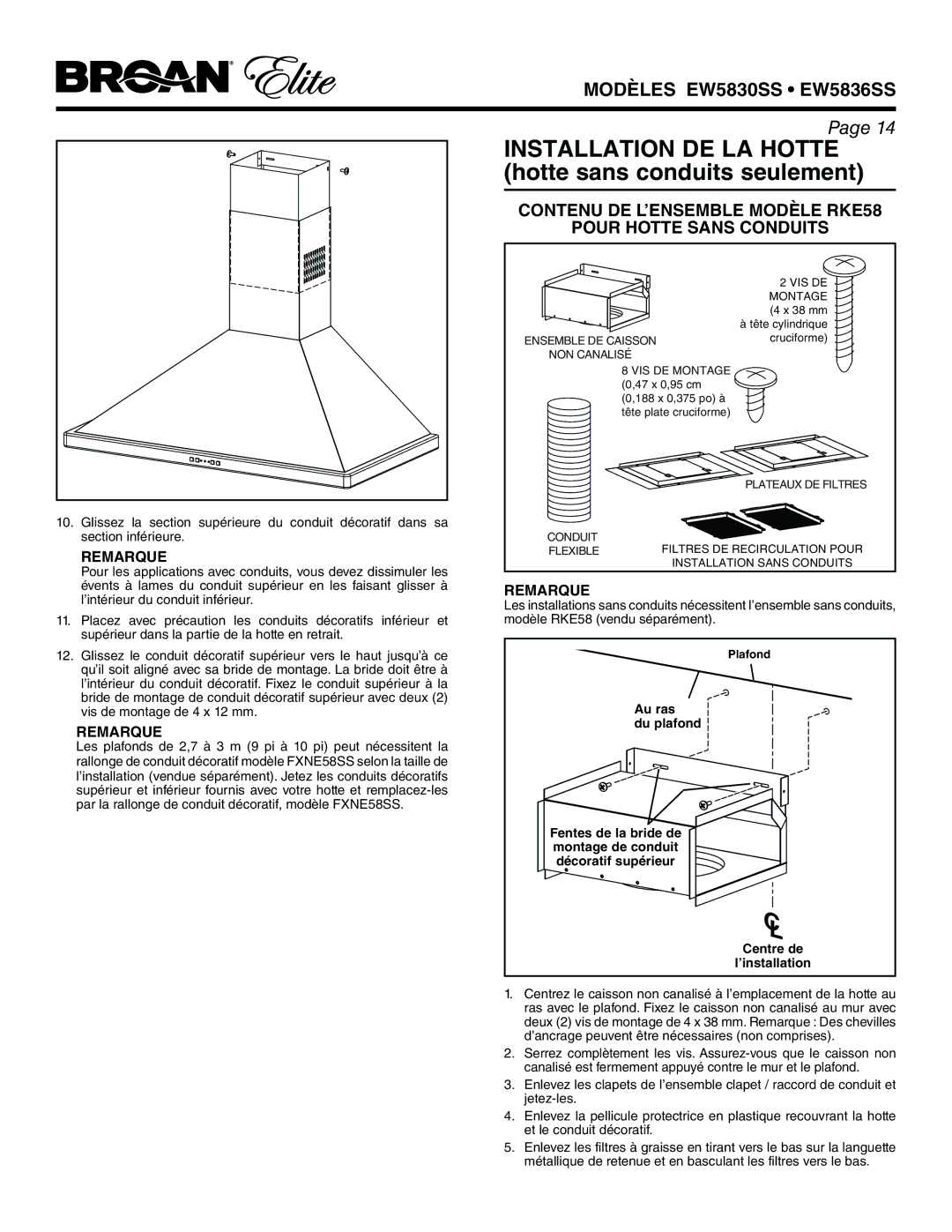 Broan EW5836SS, EW5830SS warranty Installation DE LA Hotte hotte sans conduits seulement, Remarque 