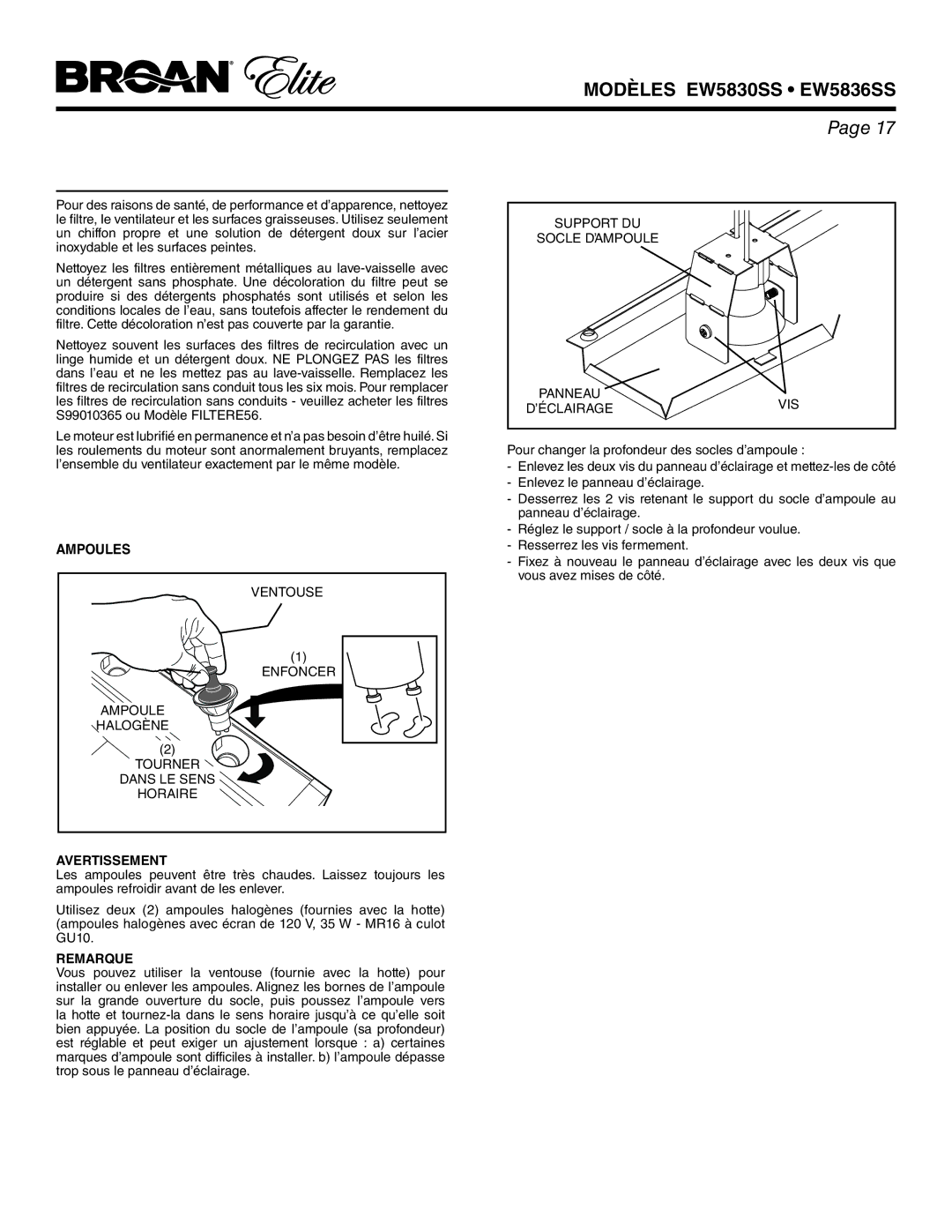 Broan EW5830SS, EW5836SS warranty Nettoyage ET Entretien, Ampoules, Avertissement 