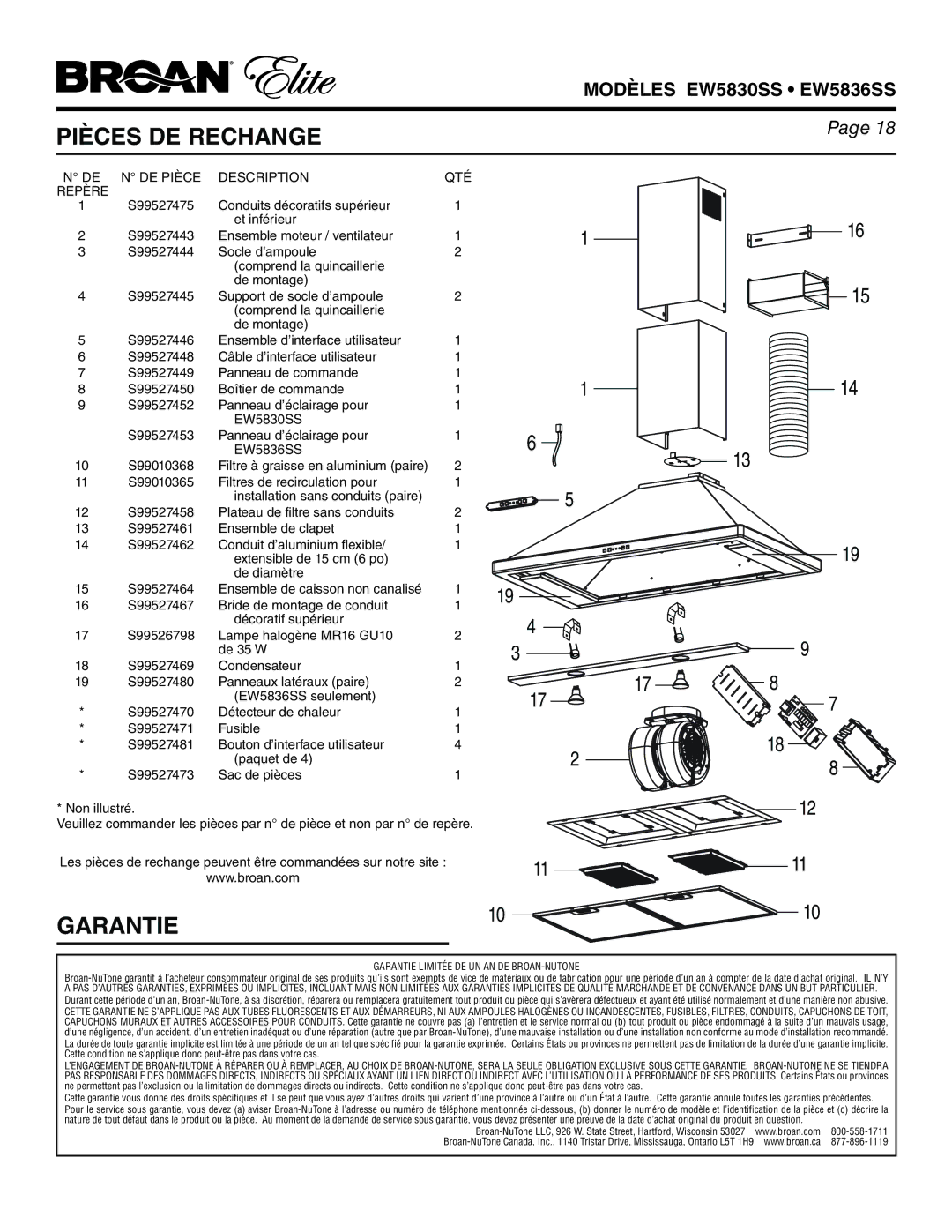 Broan EW5836SS, EW5830SS warranty Pièces DE Rechange, Garantie, DE N DE Pièce Description QTÉ Repère 