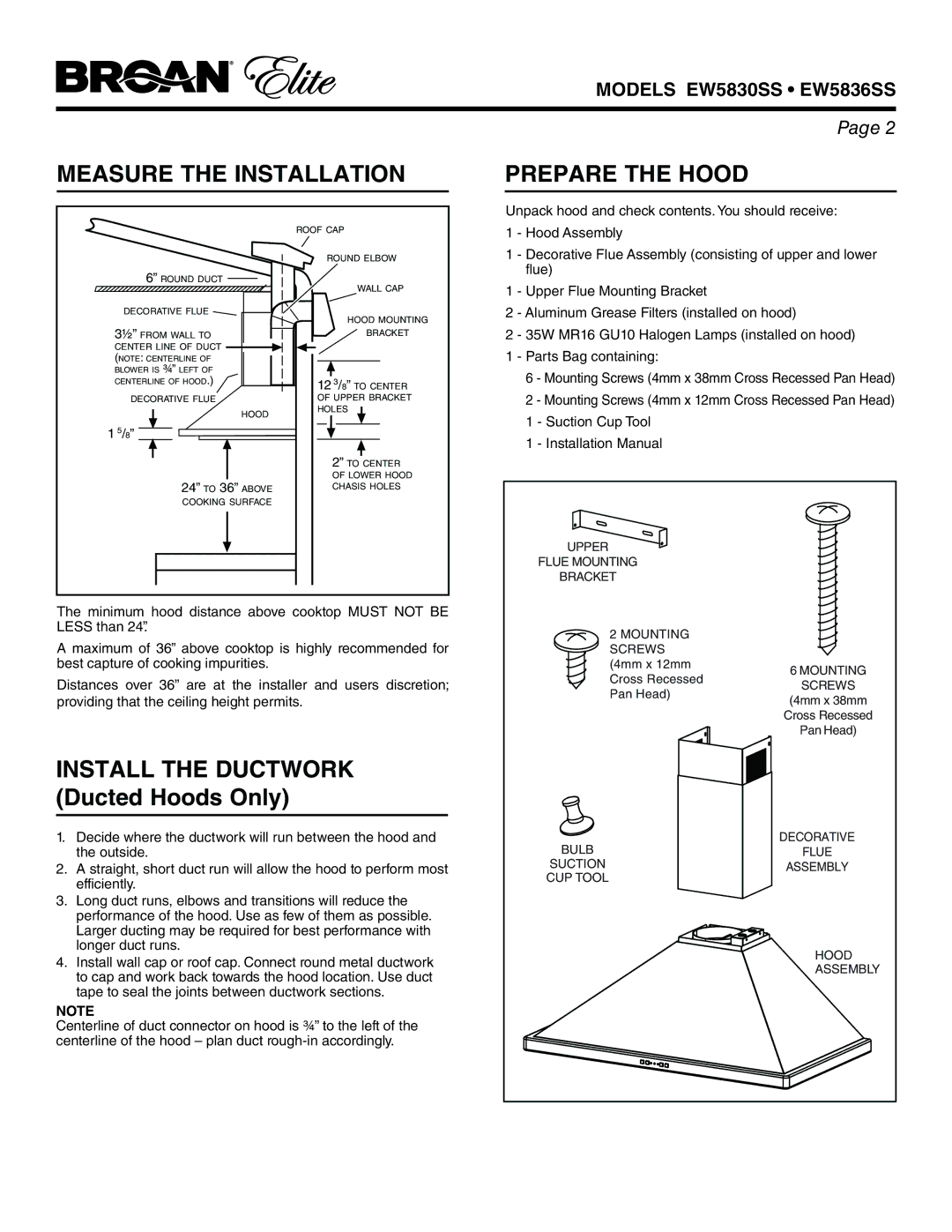 Broan EW5836SS, EW5830SS warranty Measure the Installation, Prepare the Hood, Install the Ductwork Ducted Hoods Only 