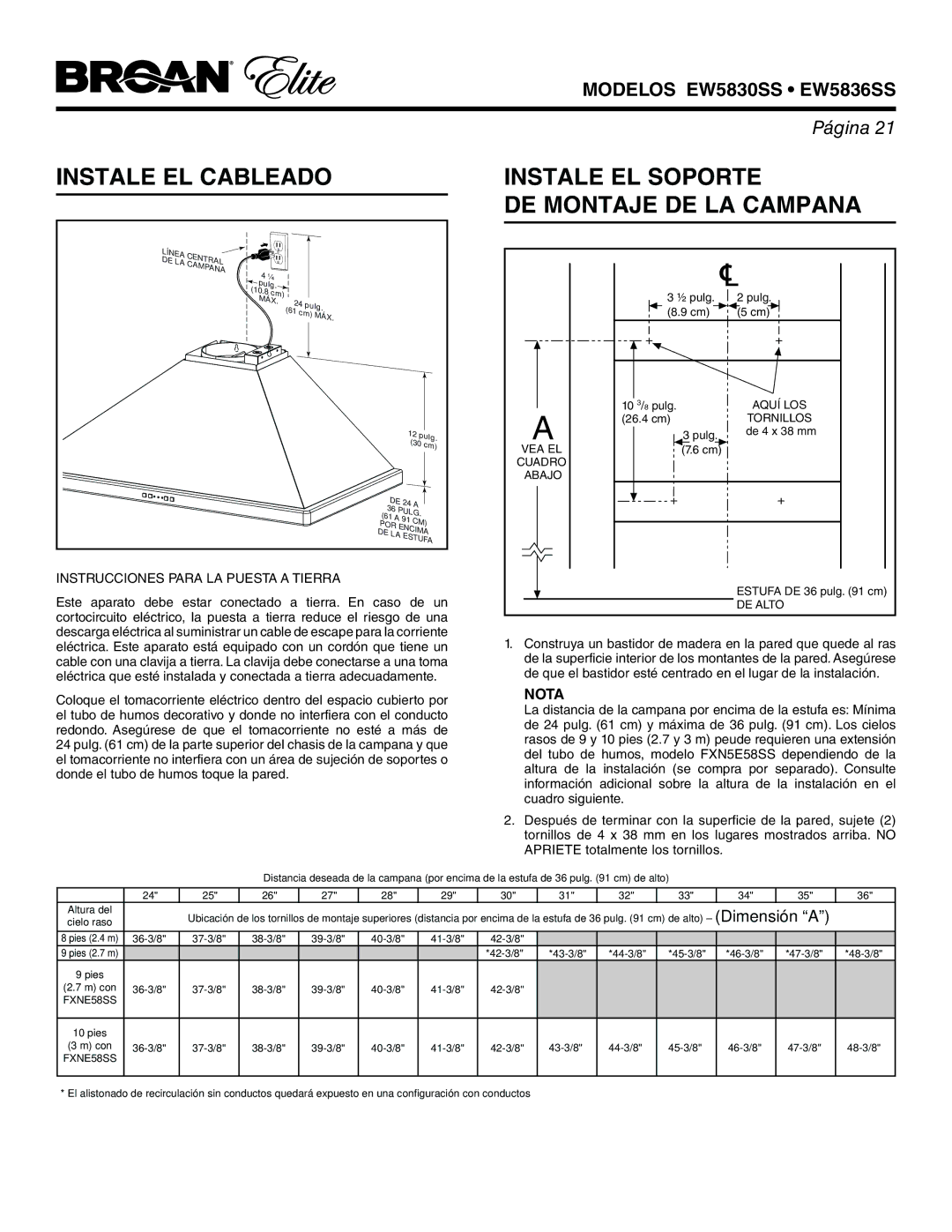 Broan EW5830SS Instale EL Cableado, Instale EL Soporte DE Montaje DE LA Campana, Instrucciones Para LA Puesta a Tierra 