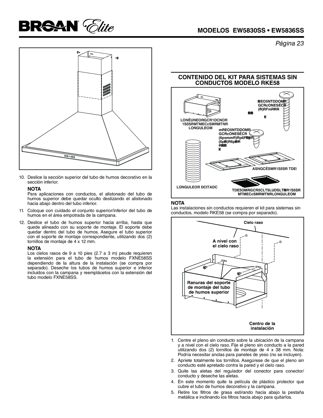 Broan EW5830SS, EW5836SS warranty Contenido DEL KIT Para Sistemas SIN Conductos Modelo RKE58 