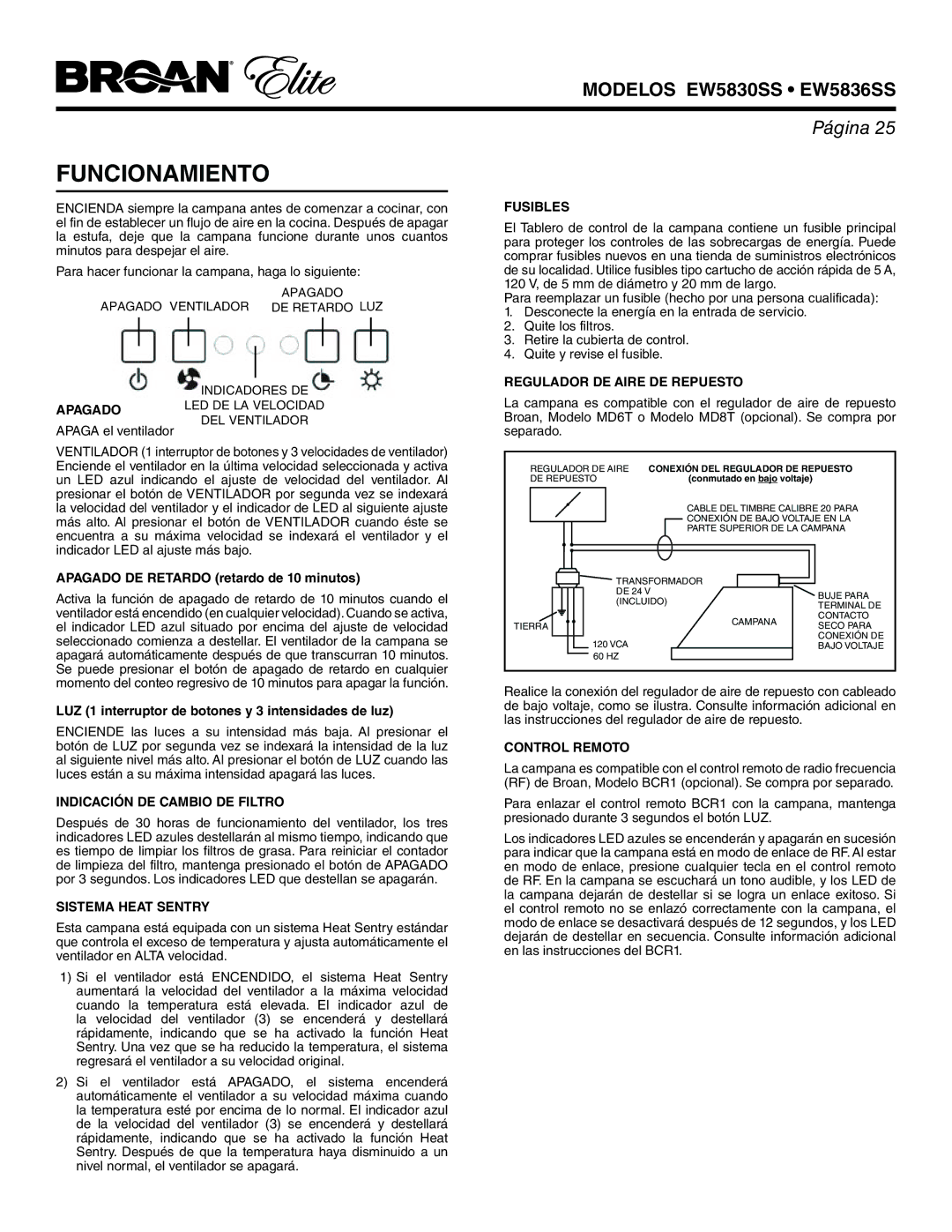 Broan EW5830SS warranty Funcionamiento, Indicación DE Cambio DE Filtro, Sistema Heat Sentry, Regulador DE Aire DE Repuesto 