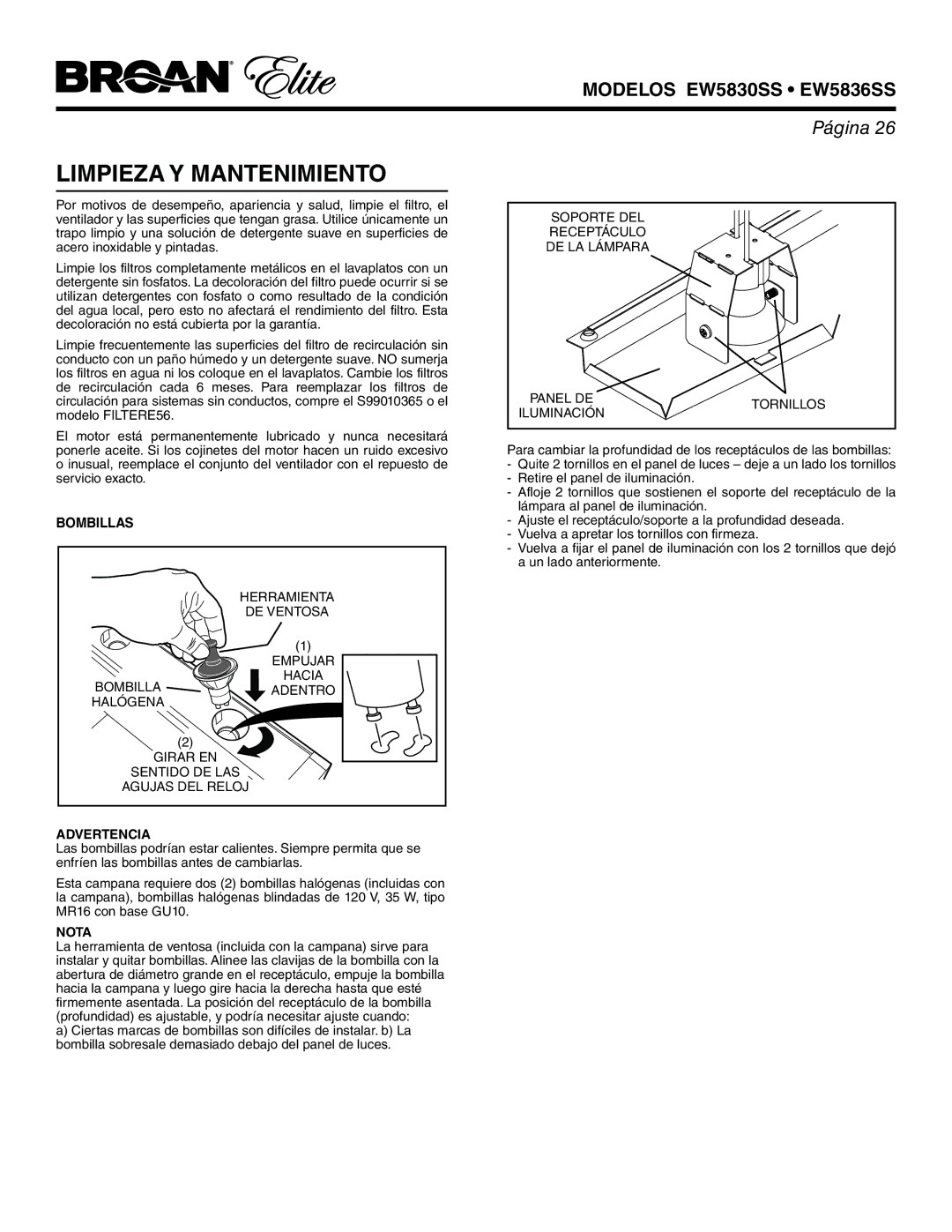 Broan EW5836SS, EW5830SS warranty Limpieza Y Mantenimiento, Bombillas, Advertencia 