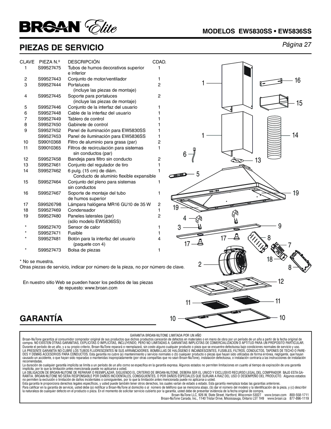 Broan EW5830SS, EW5836SS warranty Garantía, Clave, Descripción Cdad 