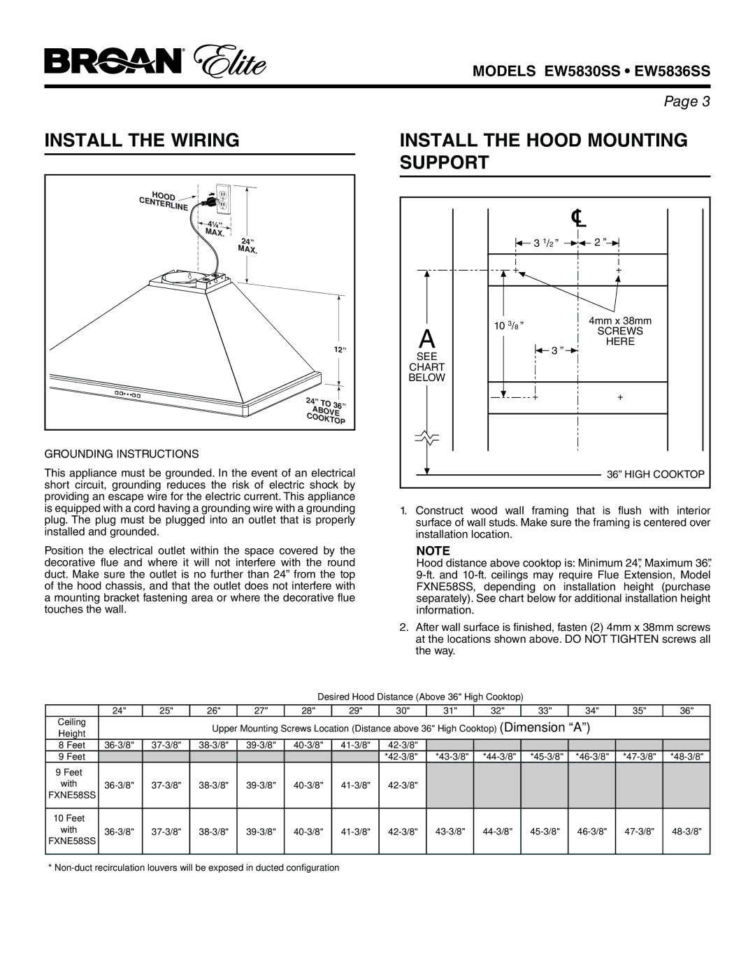 Broan EW5830SS, EW5836SS warranty Install the Wiring, Install the Hood Mounting Support, Here, See Chart Below High Cooktop 