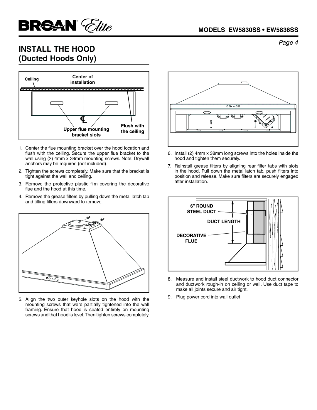 Broan EW5836SS, EW5830SS warranty Install the Hood Ducted Hoods Only, Round Steel Duct Duct Length Decorative Flue 