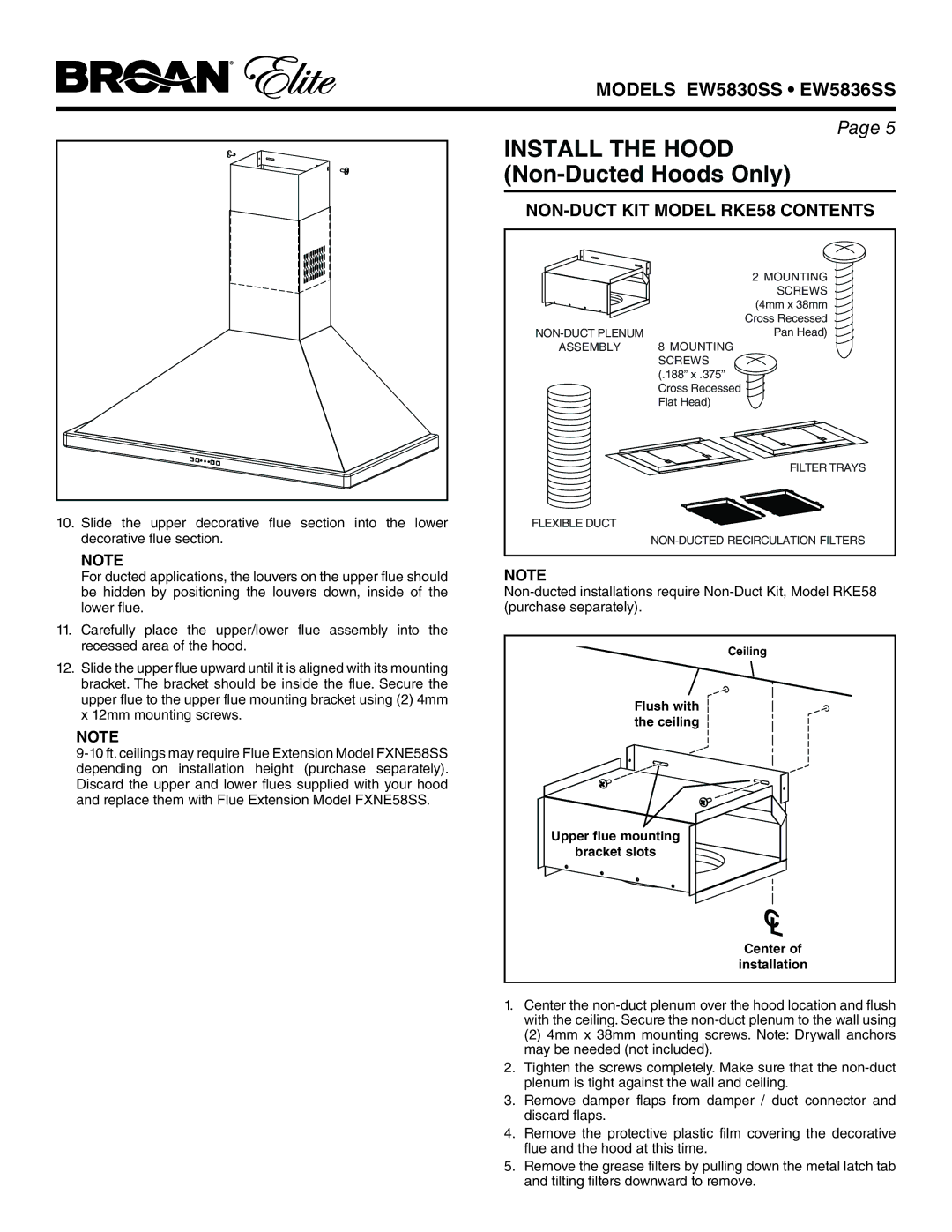 Broan EW5830SS, EW5836SS warranty Install the Hood Non-Ducted Hoods Only, NON-DUCT KIT Model RKE58 Contents 