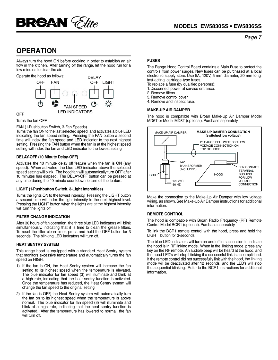 Broan EW5830SS, EW5836SS warranty Operation 