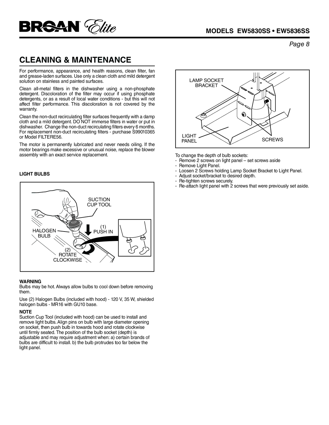 Broan EW5836SS, EW5830SS warranty Cleaning & Maintenance, Light Bulbs, CUP Tool, Push, Bulb Rotate 