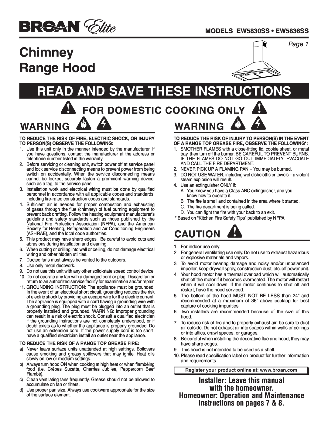 Broan EW5830SS warranty Chimney Range Hood, Read And Save These Instructions, For Domestic Cooking Only Warning Warning 