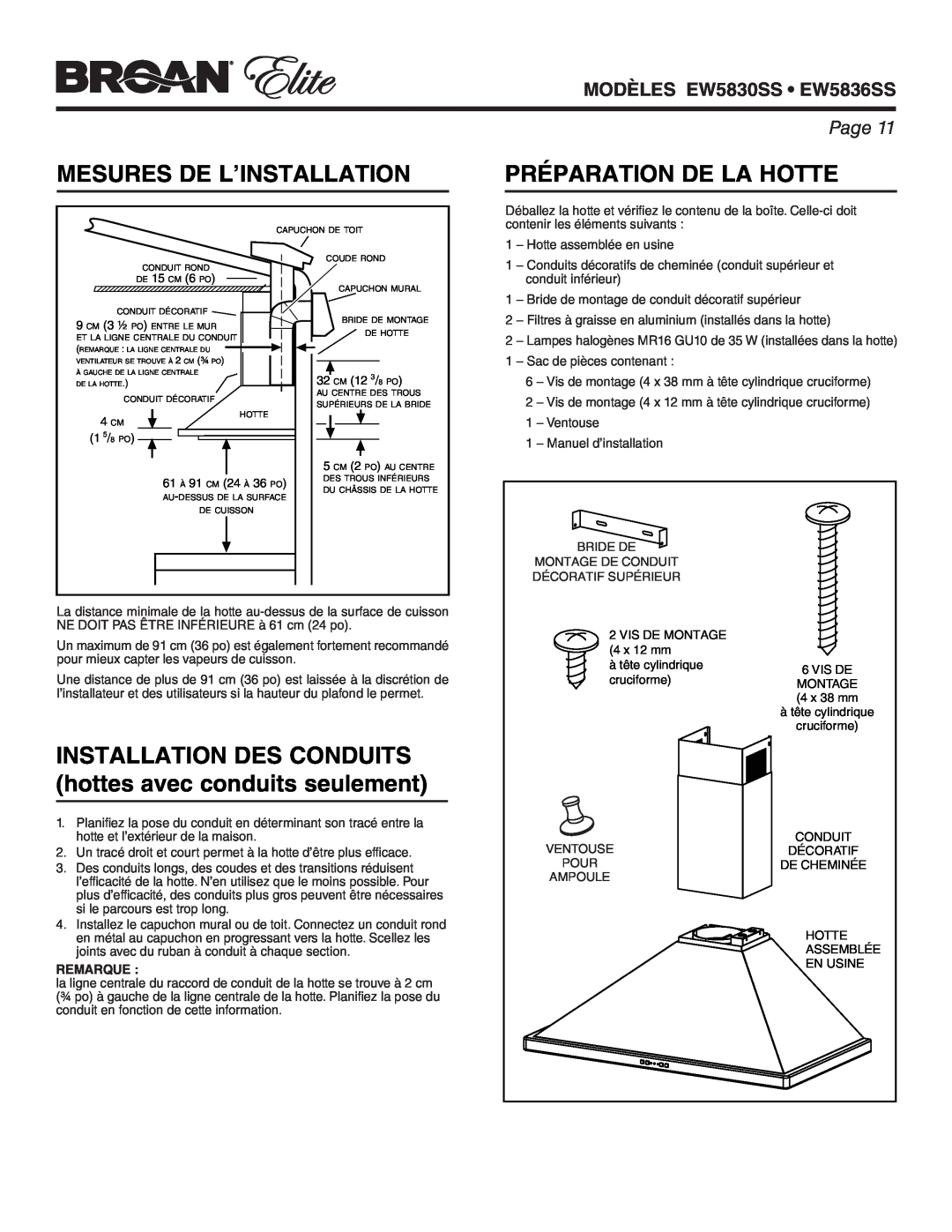 Broan warranty Mesures De L’Installation, Préparation De La Hotte, MODÈLES EW5830SS EW5836SS, Page, Remarque 