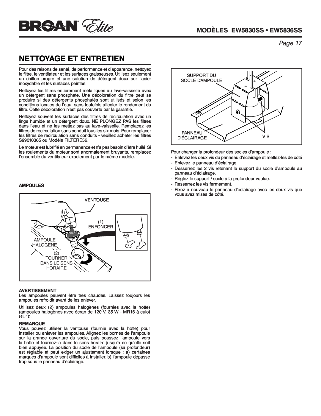 Broan warranty Nettoyage Et Entretien, Ampoules, MODÈLES EW5830SS EW5836SS, Page, Avertissement, Remarque 
