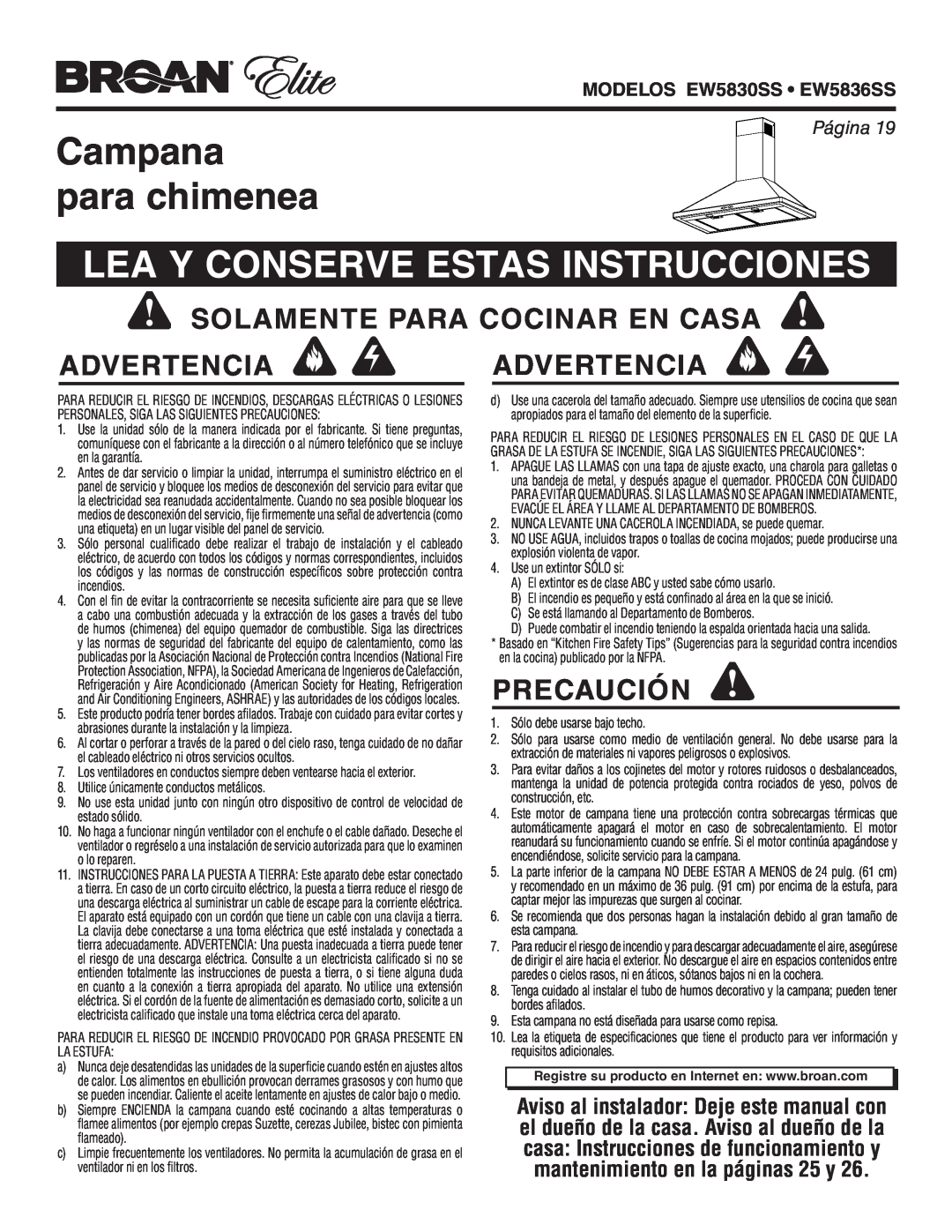 Broan warranty Campana para chimenea, Lea Y Conserve Estas Instrucciones, Precaución, MODELOS EW5830SS EW5836SS, Página 