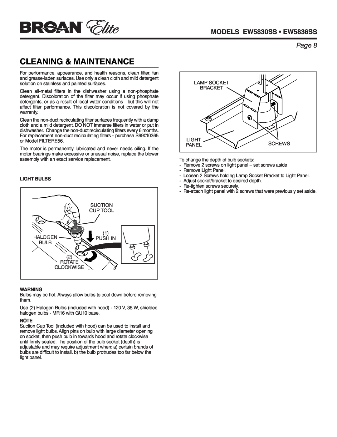 Broan warranty Cleaning & Maintenance, Light Bulbs, MODELS EW5830SS EW5836SS, Page 