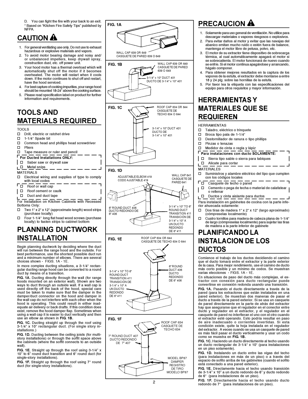 Broan F403011 Precaucion, Herramientas Y Materiales QUE SE Requieren, Planning Ductwork, Planificando LA Installation 