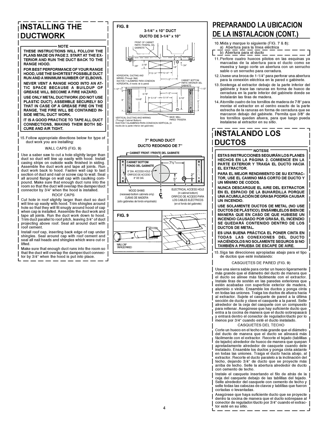 Broan F403004 Installing Ductwork, Instalando LOS Ductos, 4 x 10 Duct Ducto DE 3-1/4 x, Round Duct Ducto Redondo DE 