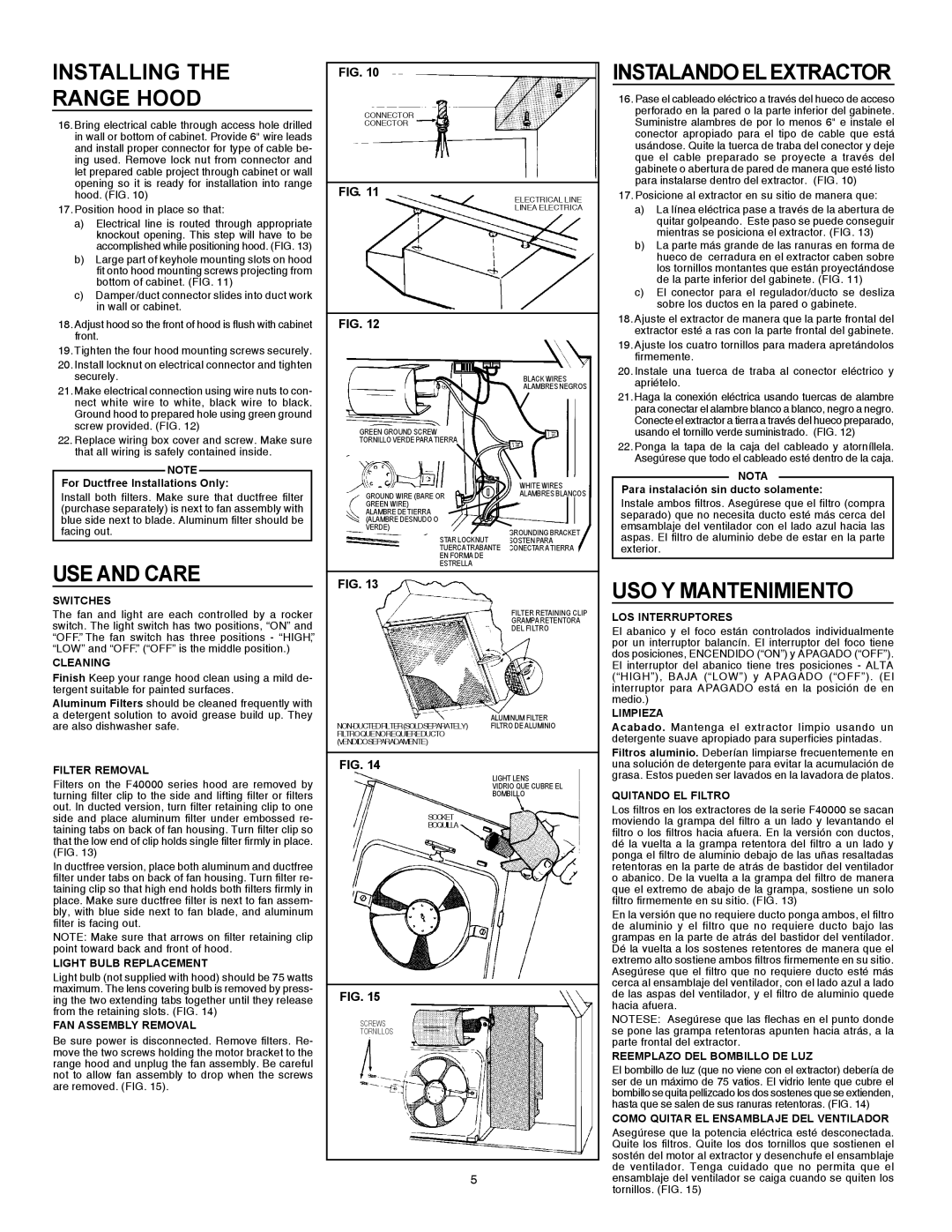 Broan F403011, F403023, F403004 warranty Installing Range Hood, USE and Care, Instalando Elextractor, USO Y Mantenimiento 