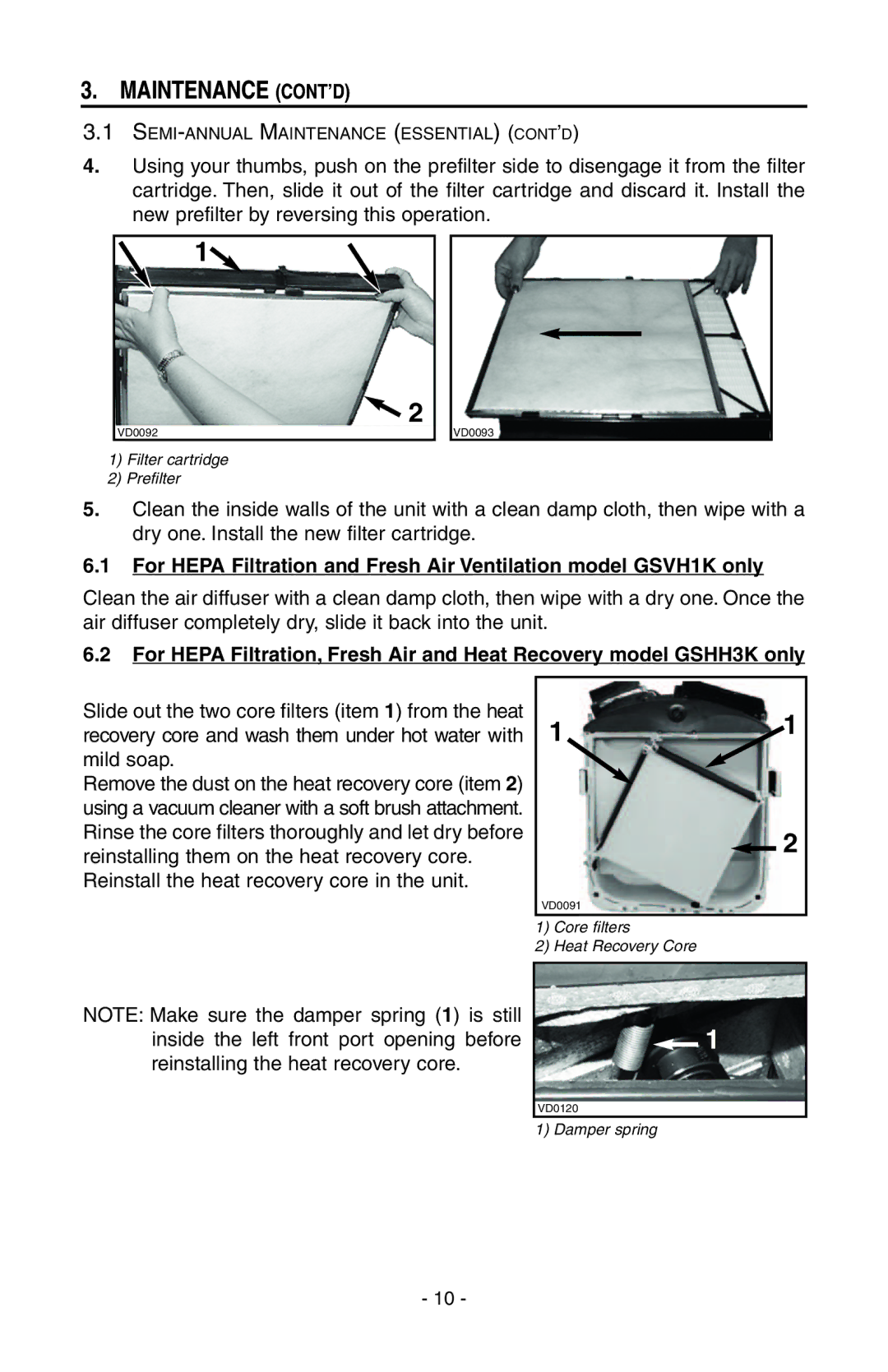 Broan GSHH3K, GSFH1K, GSVH1K, GSEH3K user manual Maintenance CONT’D 