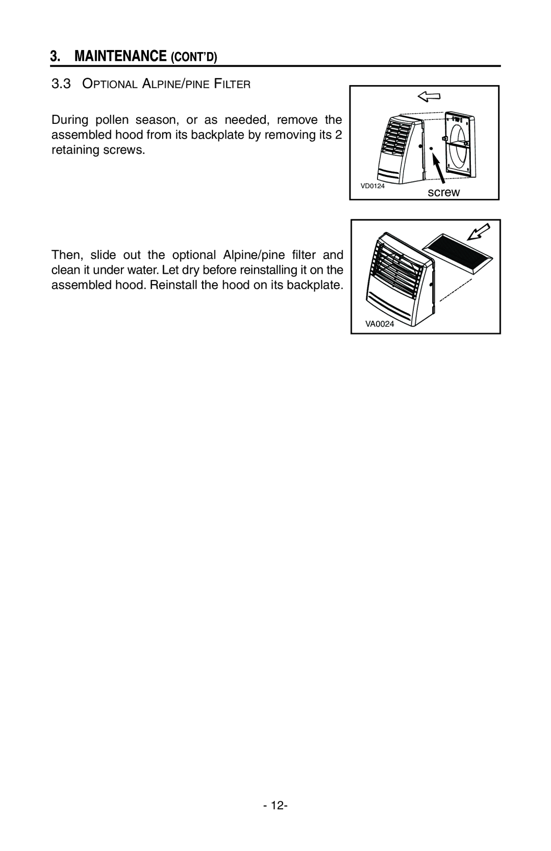 Broan GSFH1K, GSVH1K, GSHH3K, GSEH3K user manual Optional ALPINE/PINE Filter 