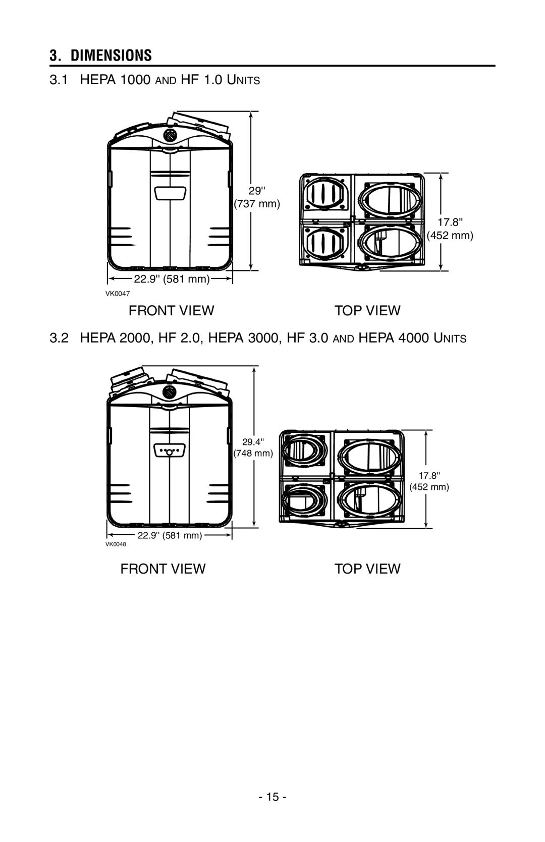 Broan HEPA 1000, HEPA 4000, HEPA 3000, HEPA 2000 installation instructions Dimensions, Front View TOP View 