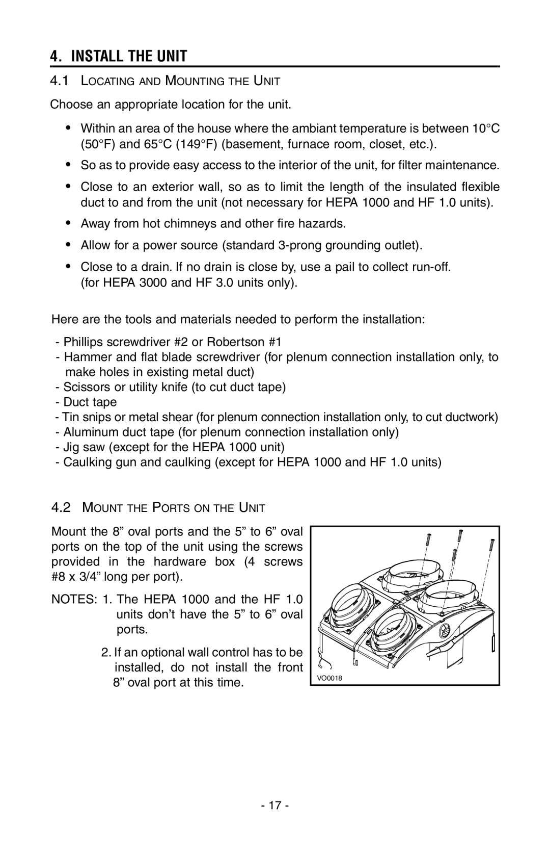 Broan HEPA 3000, HEPA 4000, HEPA 2000, HEPA 1000 installation instructions Install the Unit 