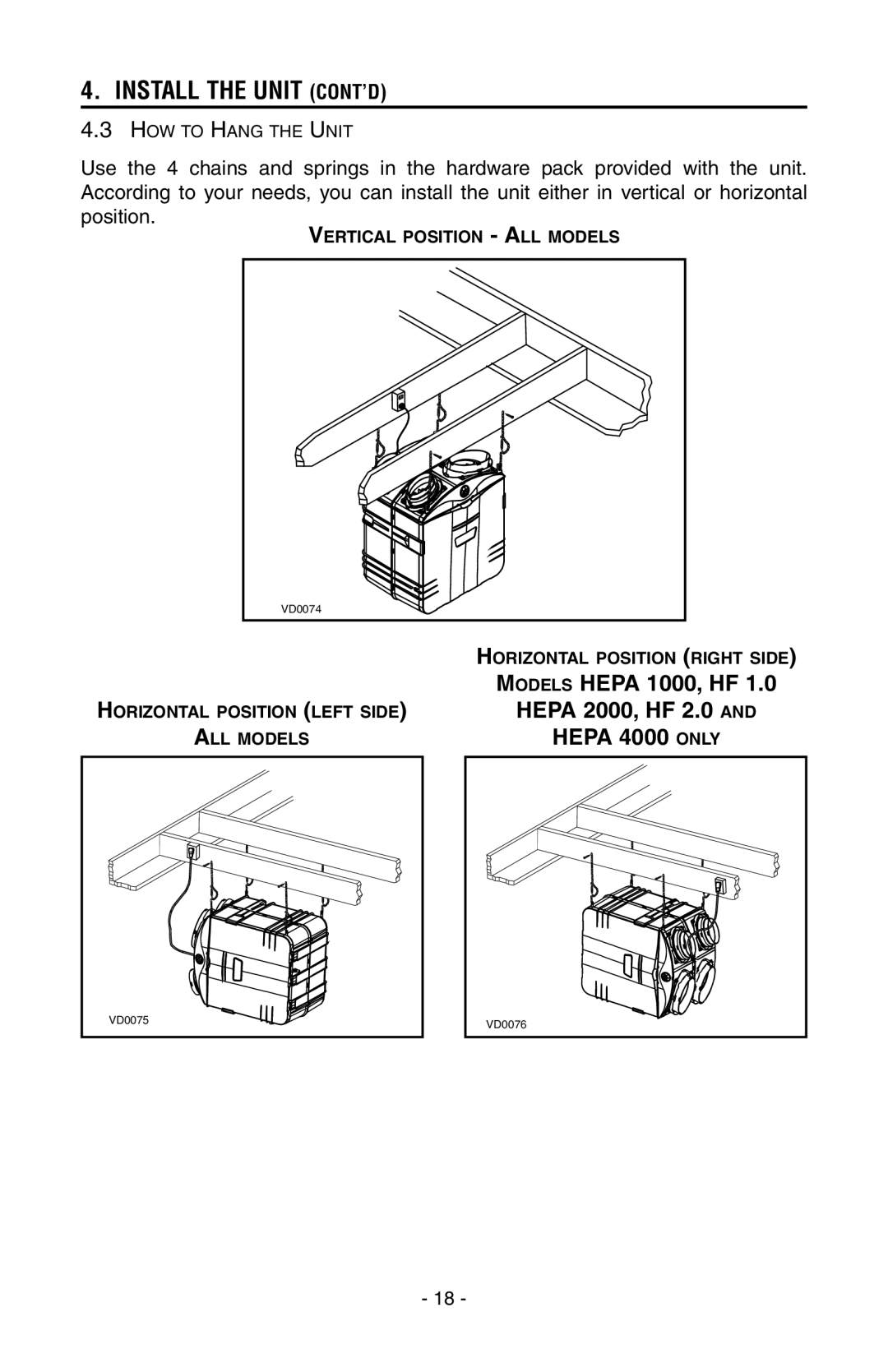 Broan HEPA 2000, HEPA 4000, HEPA 3000, HEPA 1000 installation instructions Install the Unit CONT’D 