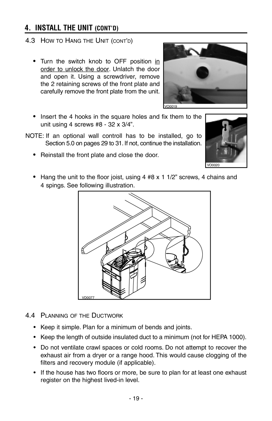 Broan HEPA 1000, HEPA 4000, HEPA 3000, HEPA 2000 installation instructions HOW to Hang the Unit CONT’D 