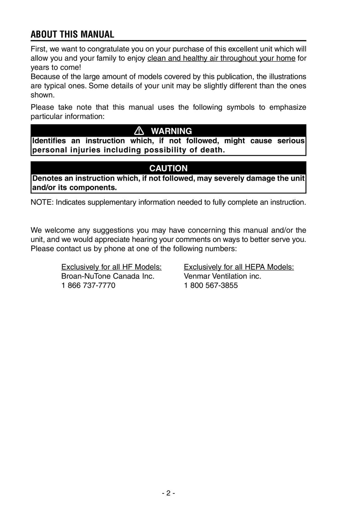 Broan HEPA 2000, HEPA 4000, HEPA 3000, HEPA 1000 installation instructions About this Manual 