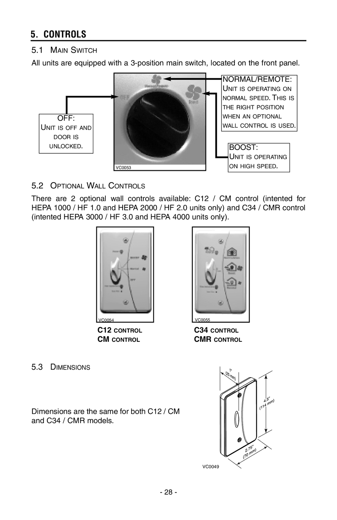 Broan HEPA 4000, HEPA 3000, HEPA 2000, HEPA 1000 installation instructions Controls, Normal/Remote 