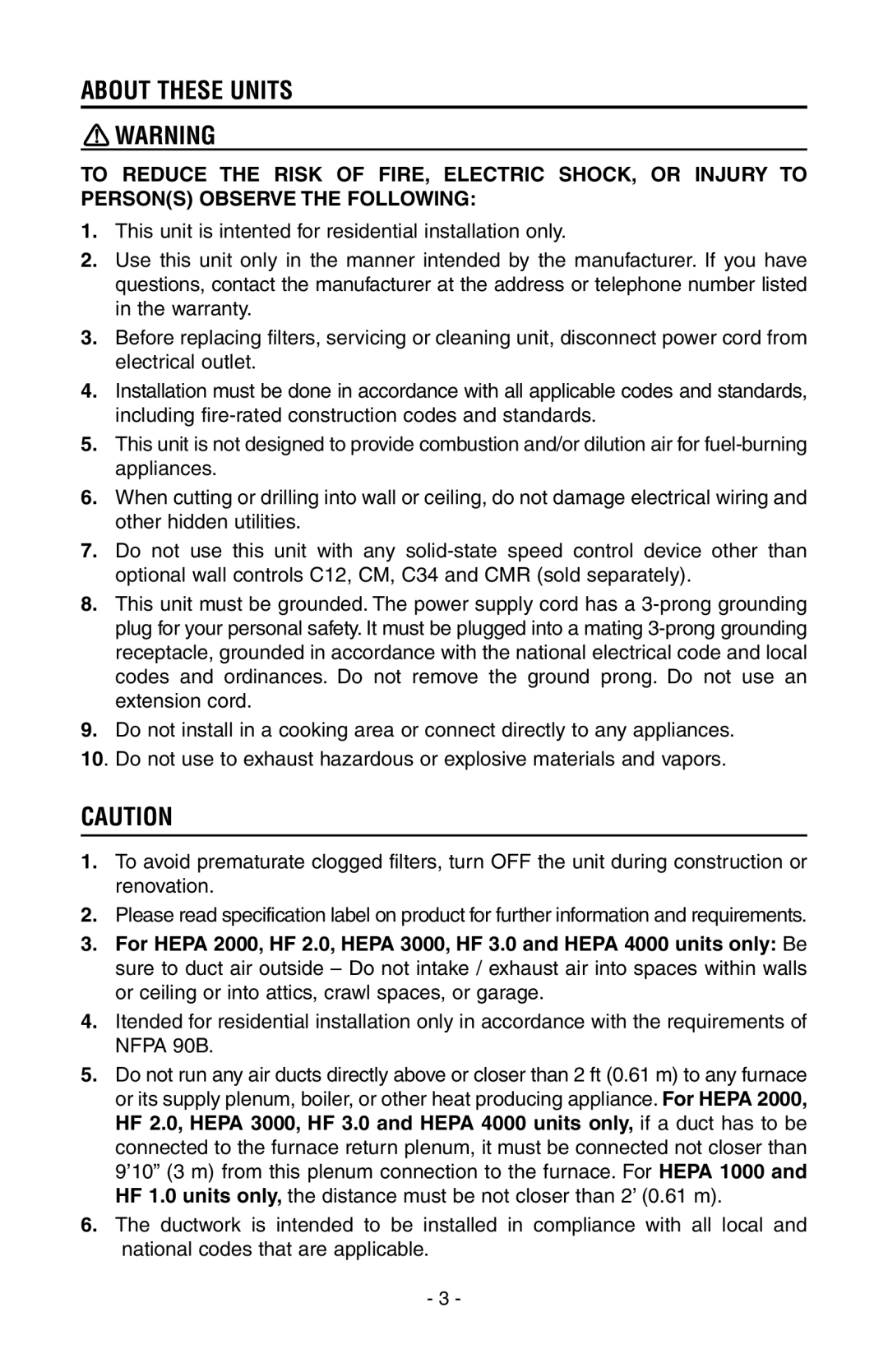 Broan HEPA 1000, HEPA 4000, HEPA 3000, HEPA 2000 installation instructions About These Units 