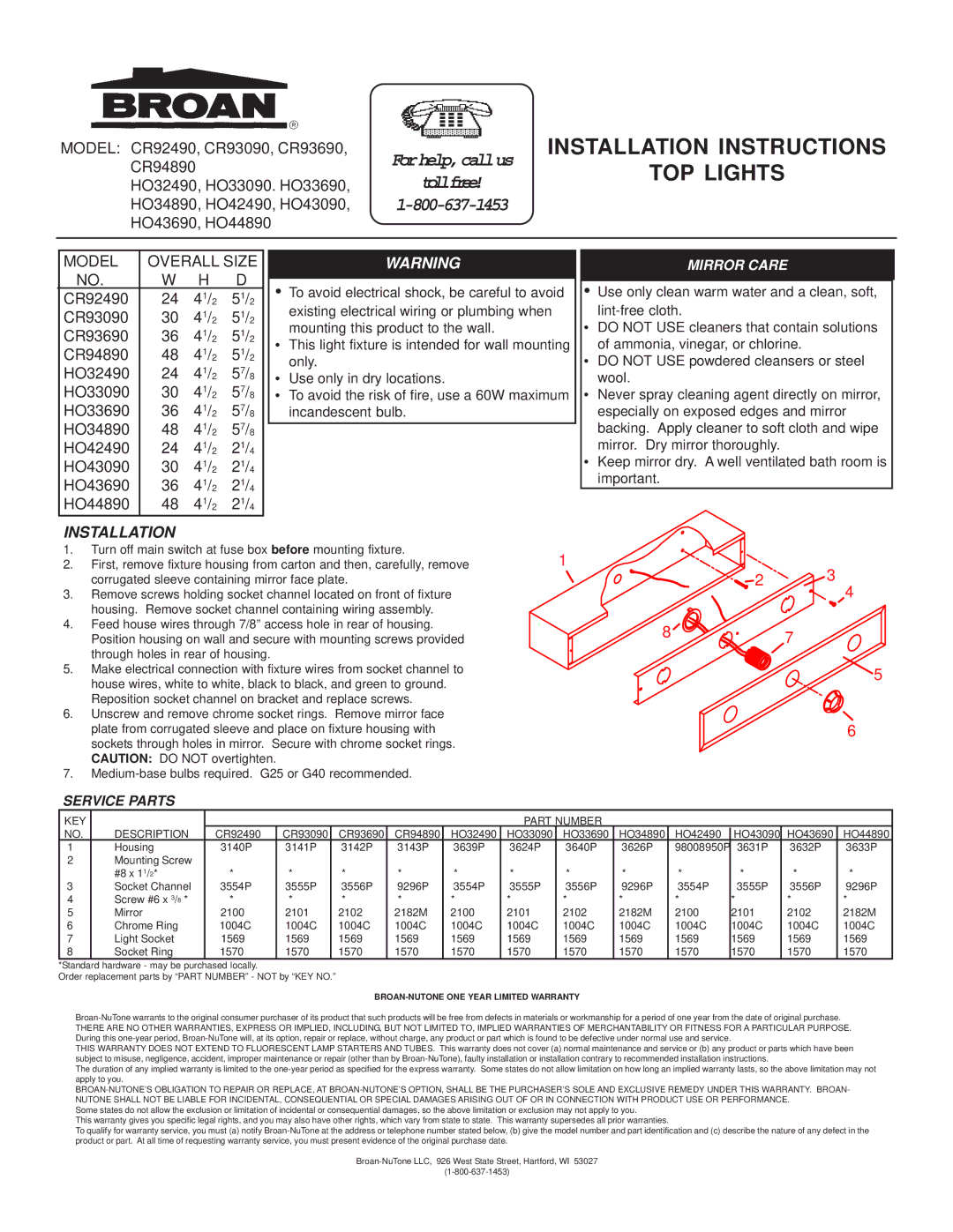 Broan HO44890, HO43090, HO42490 installation instructions Installation Instructions TOP Lights, KEY Part Number Description 