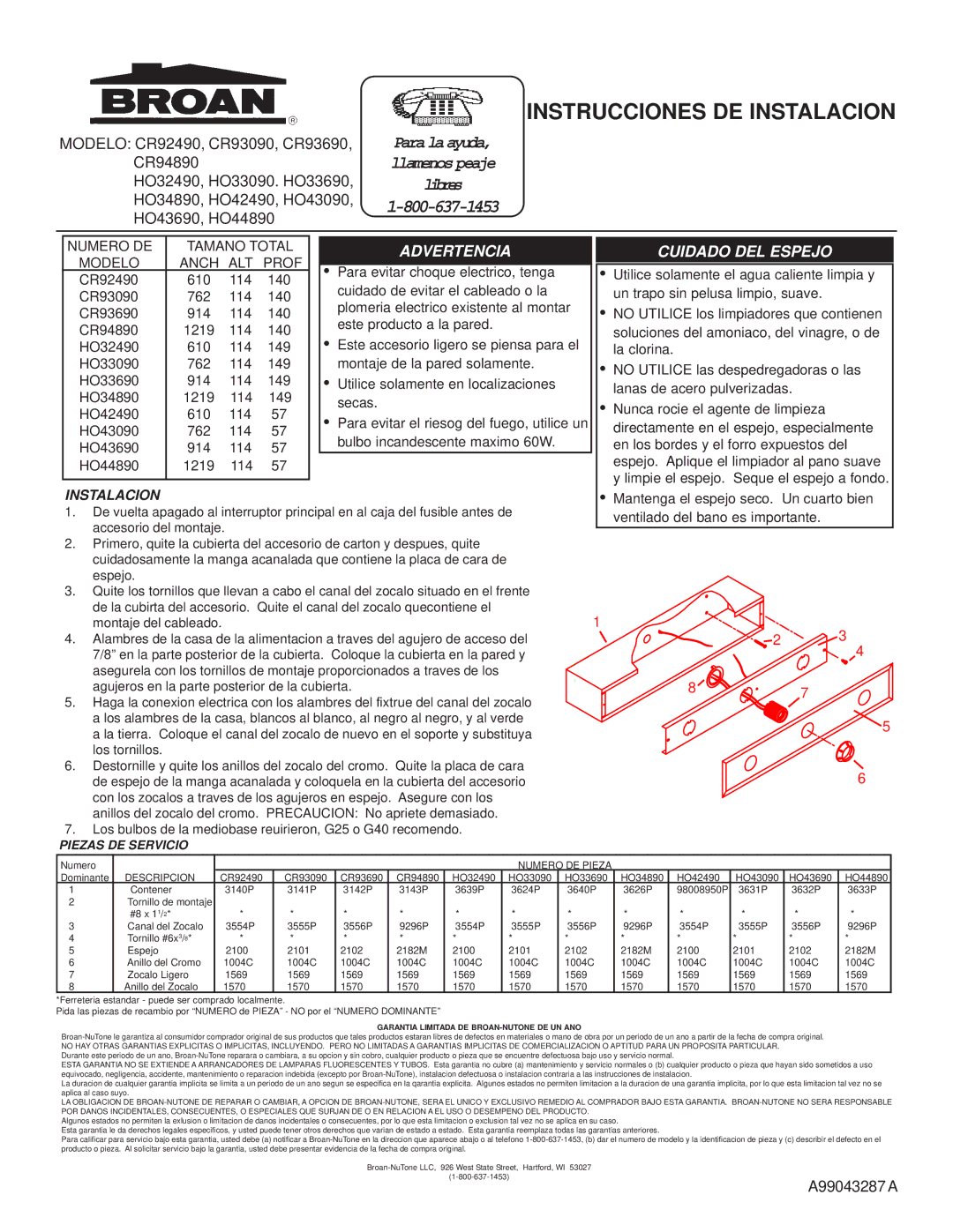 Broan HO42490, HO43090, HO44890, HO33690, HO34890 Instrucciones DE Instalacion, Advertencia, Cuidado DEL Espejo, Descripcion 