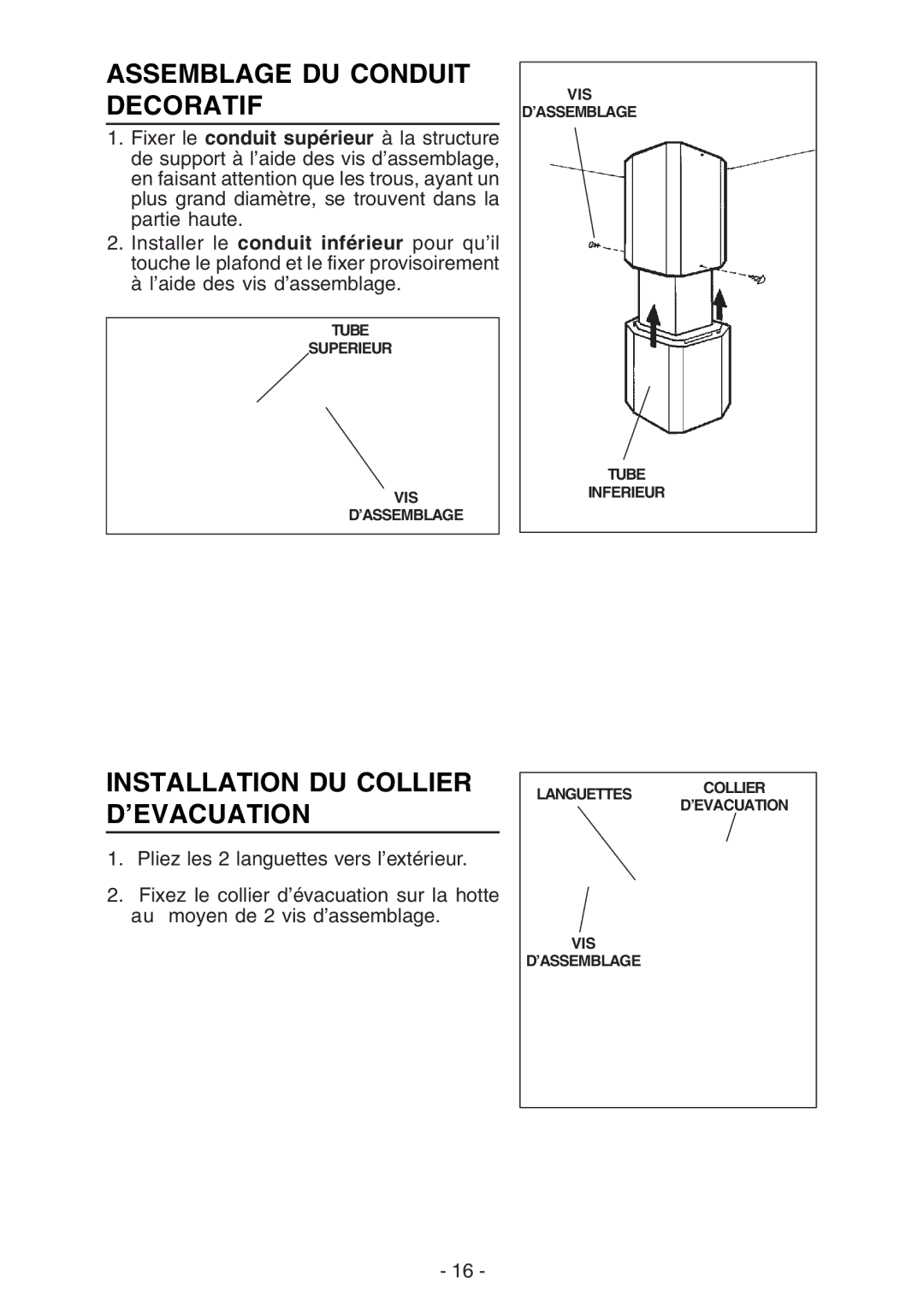 Broan IEX170 manual Assemblage DU Conduit Decoratif, Installation DU Collier D’EVACUATION 