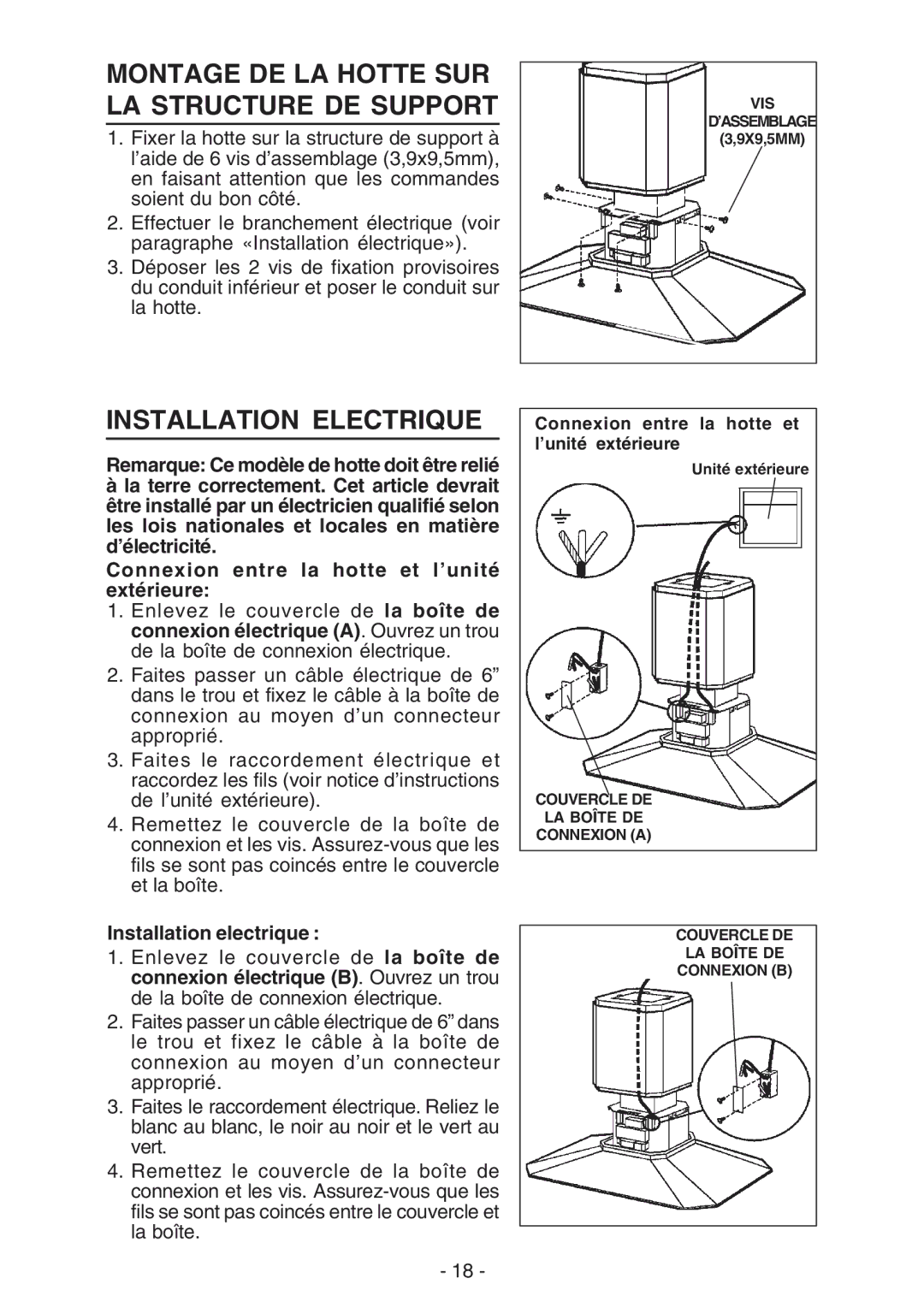 Broan IEX170 manual Montage DE LA Hotte SUR LA Structure DE Support, Installation Electrique 