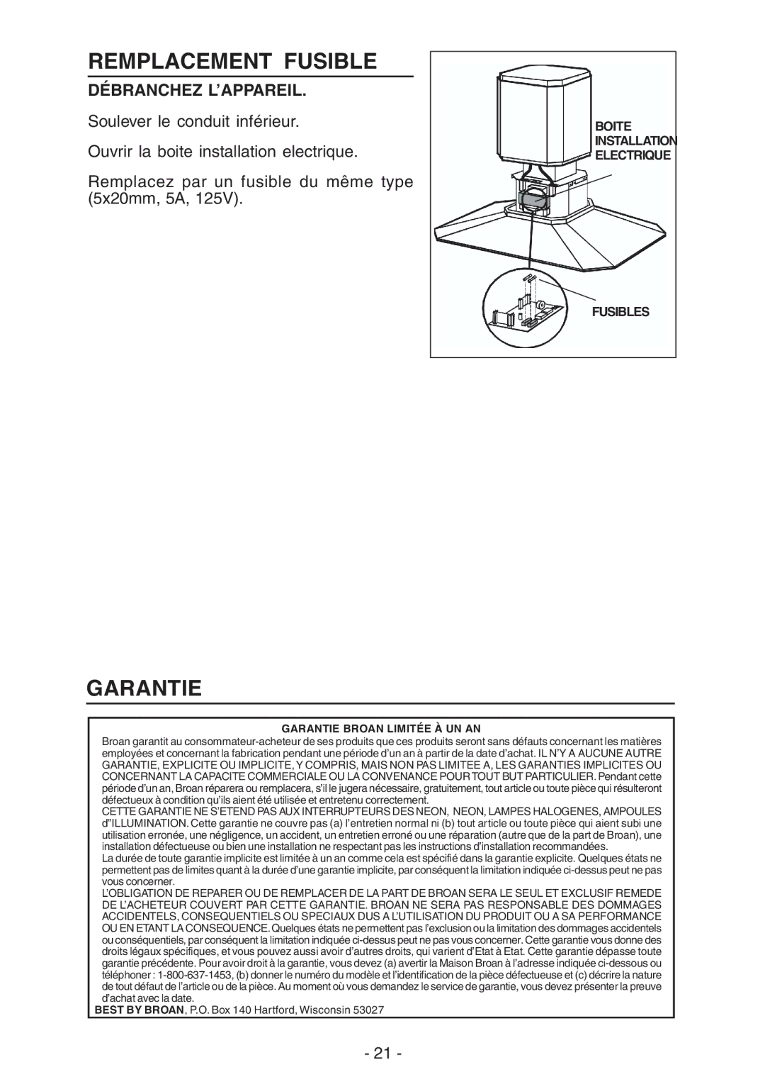 Broan IEX170 manual Remplacement Fusible, Garantie 