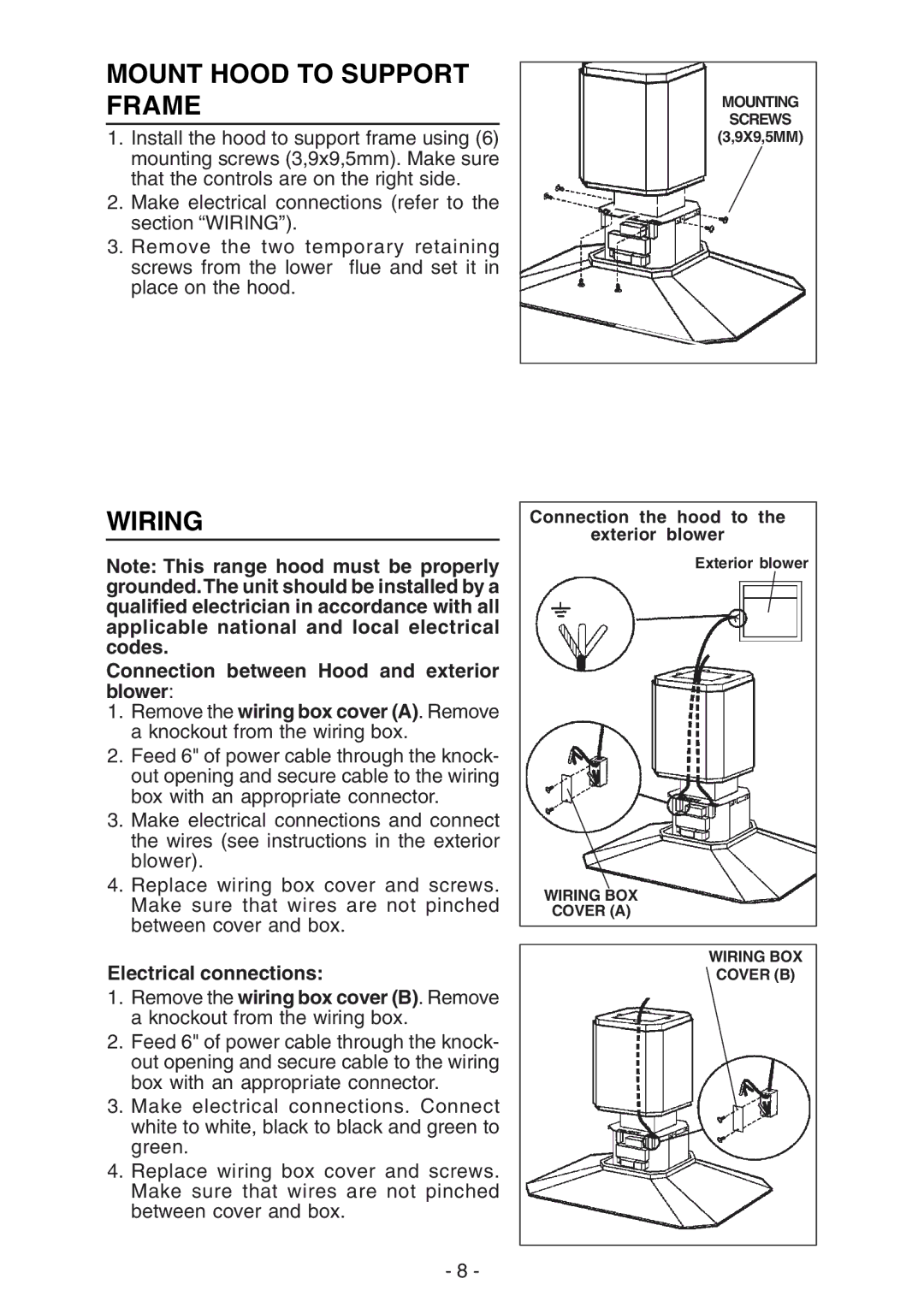 Broan IEX170 manual Mount Hood to Support Frame, Wiring 